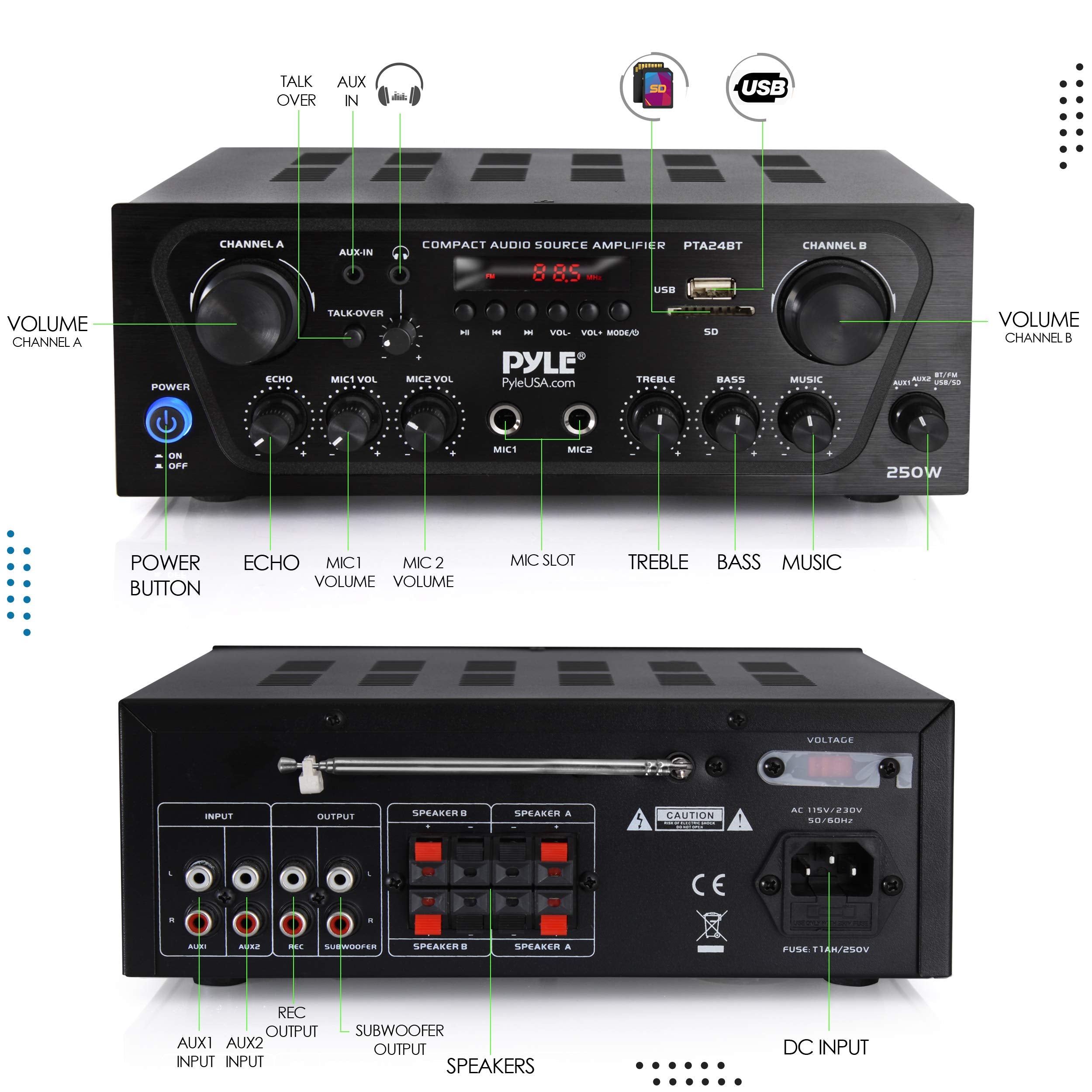 Pyle  Upgraded  2 Channel Karaoke Home Audio Amplifier W/Bluetooth For Streaming, Aux In, Usb, 2 Microphone Input W/Echo Effect,
