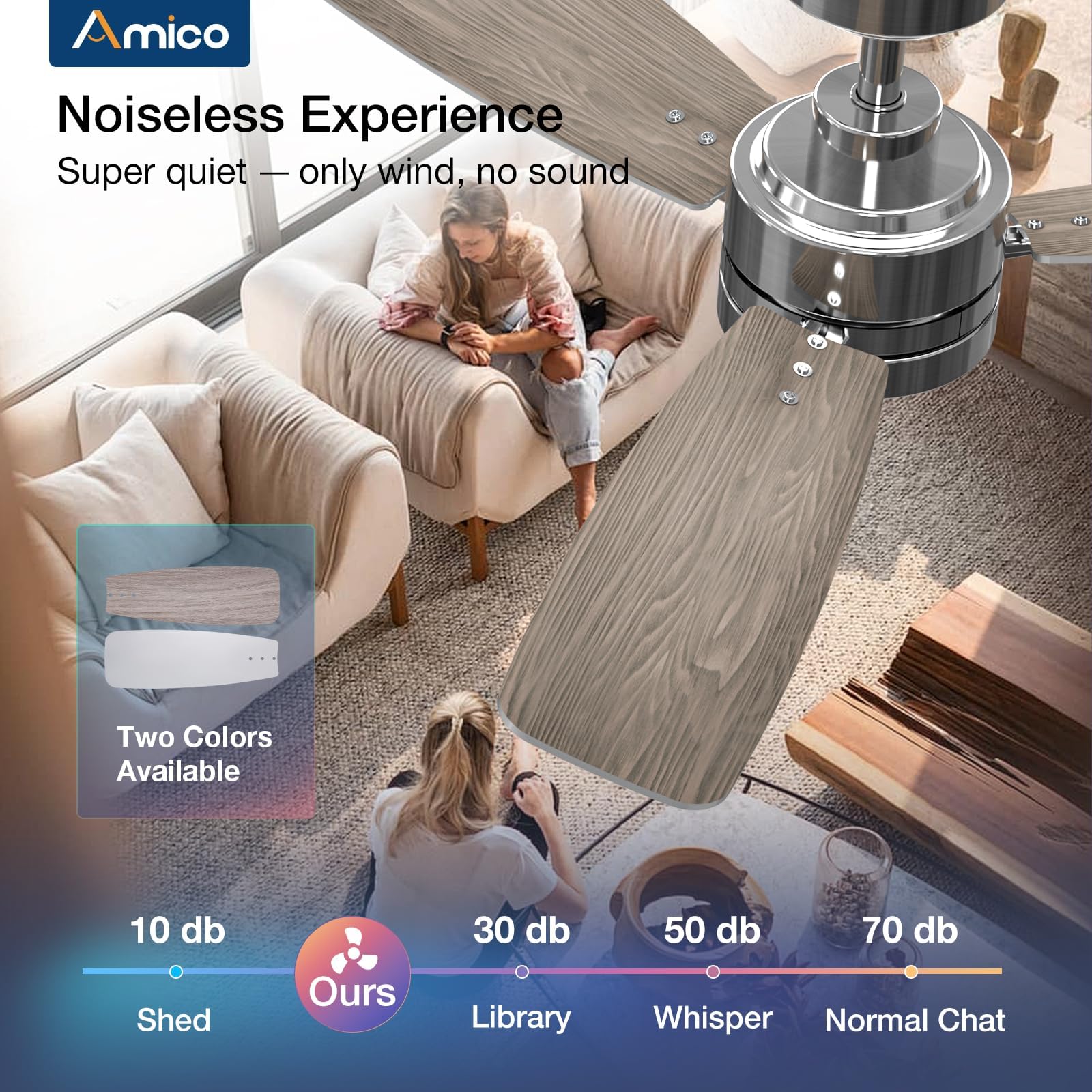 Amico Ceiling Fans With Lights, 44 Inch Nickel Ceiling Fan With Light And Remote Control, Reversible, 3Cct, Dimmable, Noiseless,