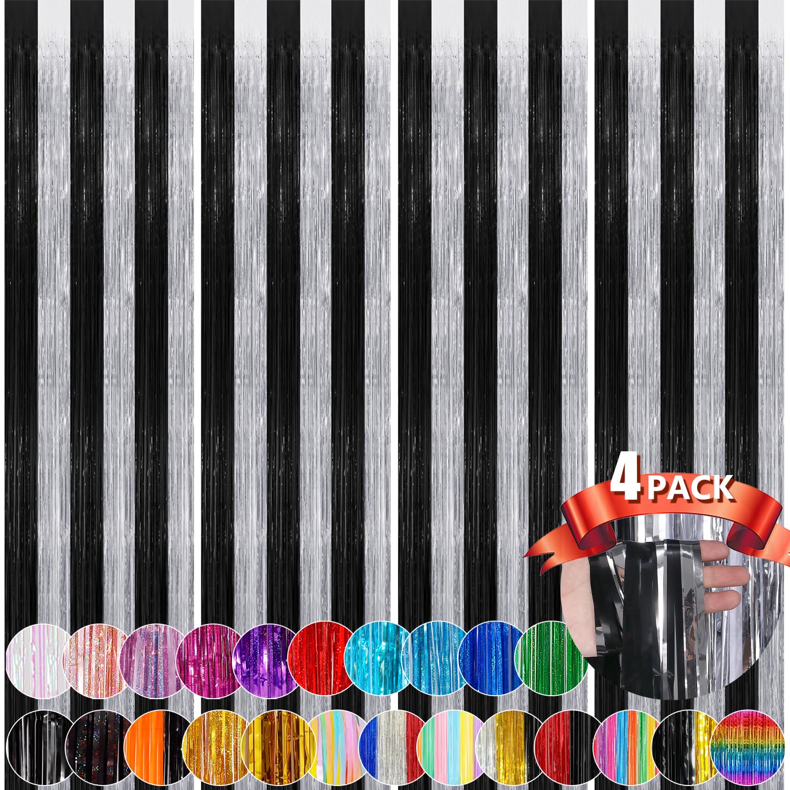 Black Silver Metallic Tinsel Foil Fringe Curtains, 4 Pack 3.3X8.3 Feet Party Streamer For Birthday Party Decorations, Halloween
