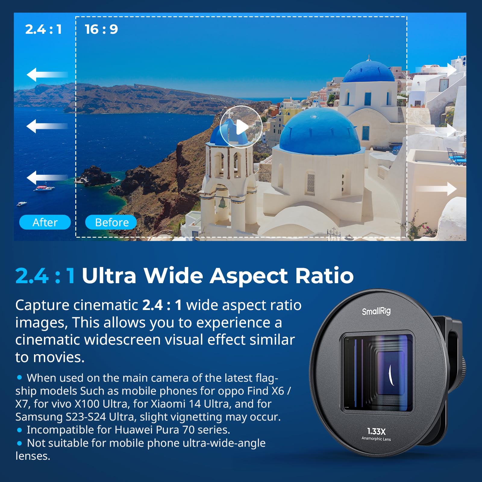 Smallrig 1.33X Anamorphic Lens For Mobile Phone, 2.4:1 Wide Screen Deformation Filmmaking Lens With T-Mount, Phone Cinematic Len