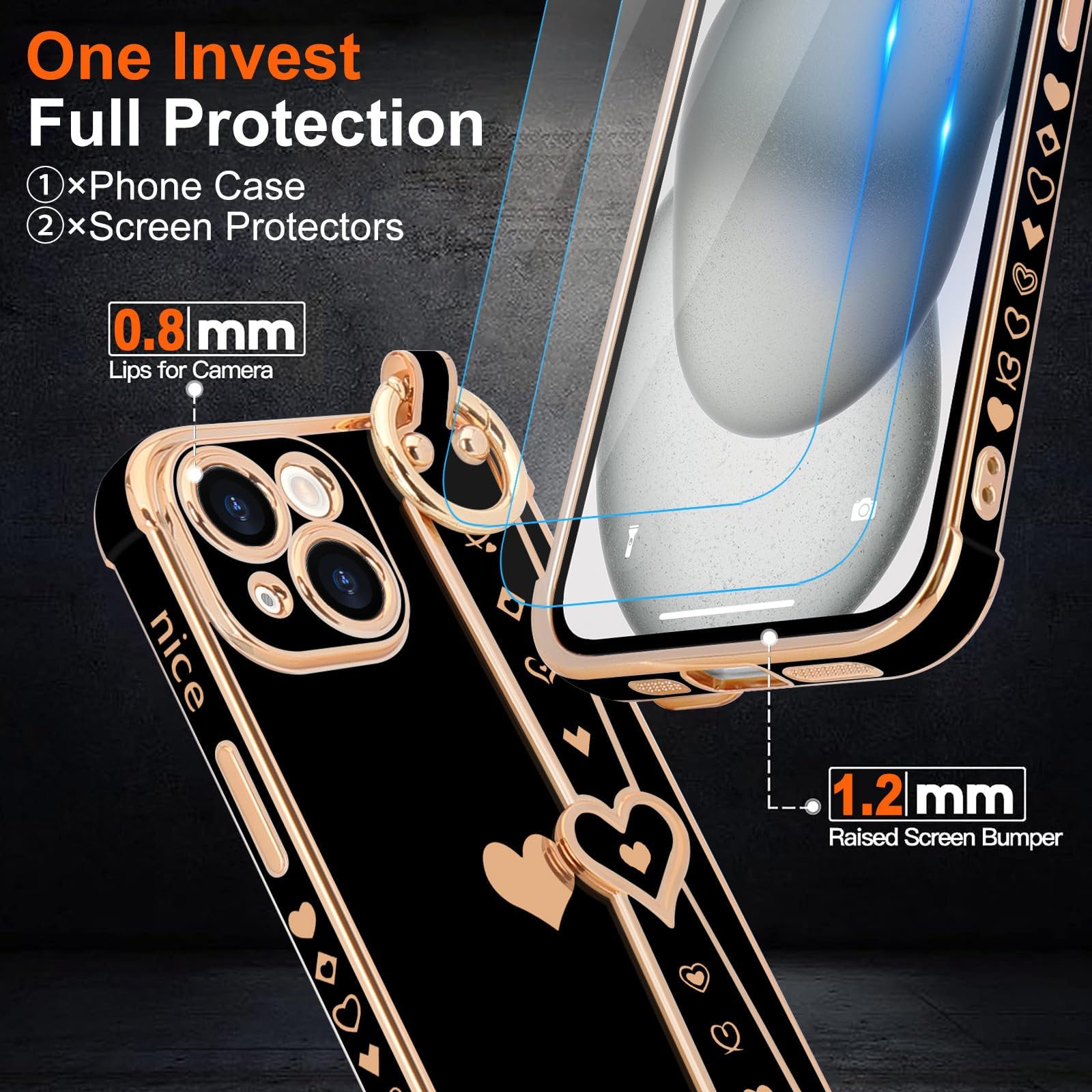 Llz.Coque For Iphone 15 Case With Strap For Women Girls [2   Screen Protectors], Cute Love Hearts Design, Wristband Kickstand Lu