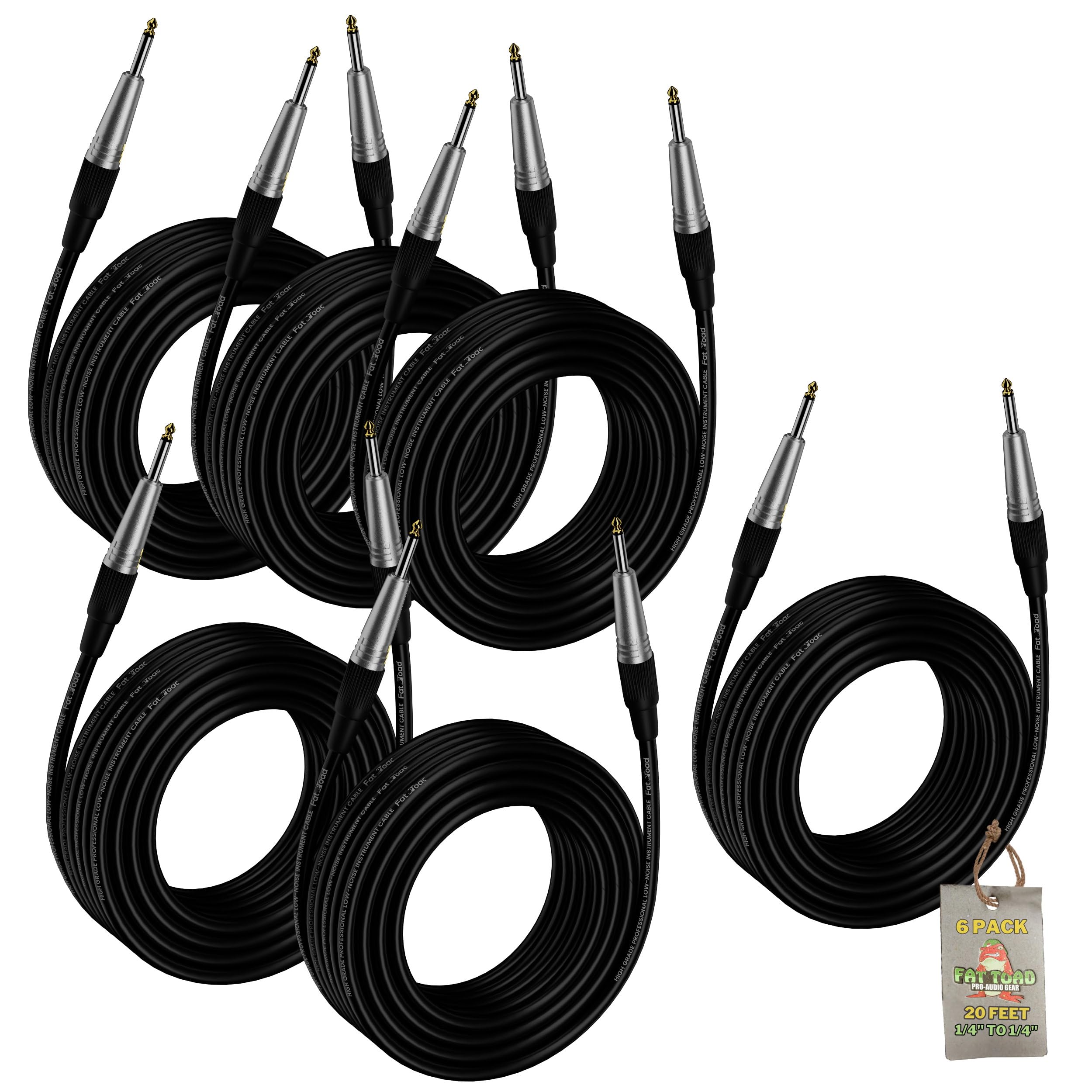 Fat Toad Guitar Cords (6 Pack) Instrument Cable 20Ft Wires 1/4 Inch Gold Straight End For Electric, Acoustic, Bass, Keyboards, S