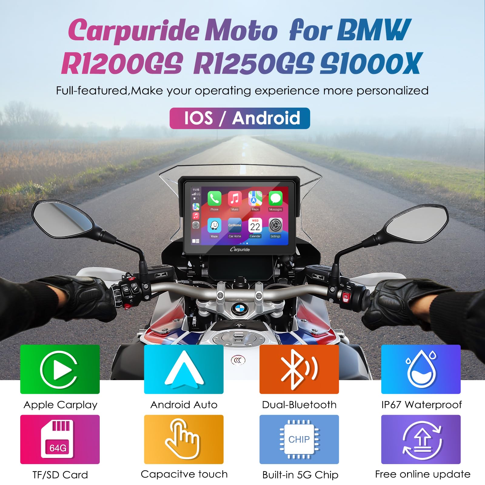 Carpuride W502B Motorcycle Carplay Screen For Bmw R1200Gs R1250Gs S1000Xr Motorcycle, 5 Inch Waterproof Touchscreen, Portable Carplay/Android Auto Gps Navigation For Motorbike, Dual Bluetooth