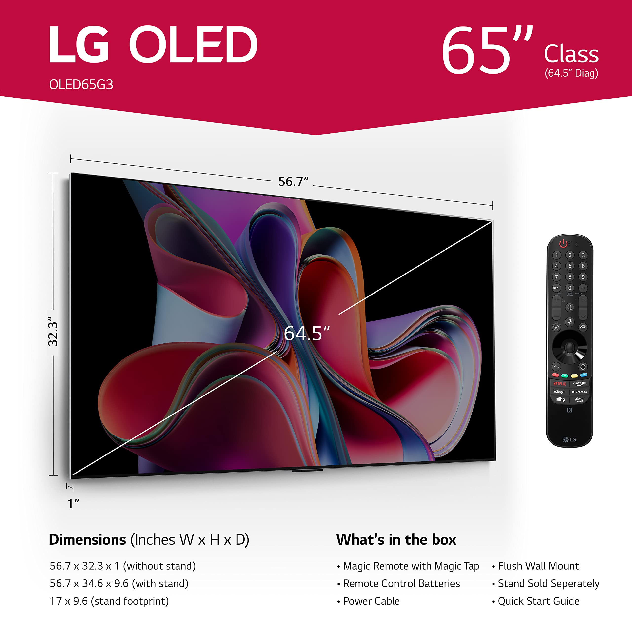 Lg G3 Series 65 Inch Class Oled Evo 4K Processor Smart Flat Screen Tv For Gaming With Magic Remote Ai Powered Gallery Edition Ol