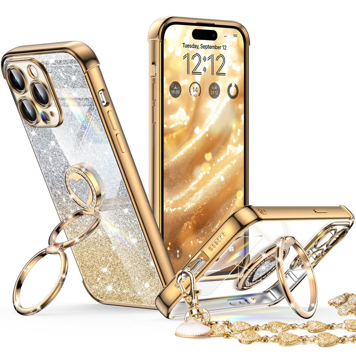 Xyz For Iphone 15 Pro Max Case With Stand, Phone Case With Double Ring Kickstand, Women Girls Cute Love Heart Luxury Bling Prote