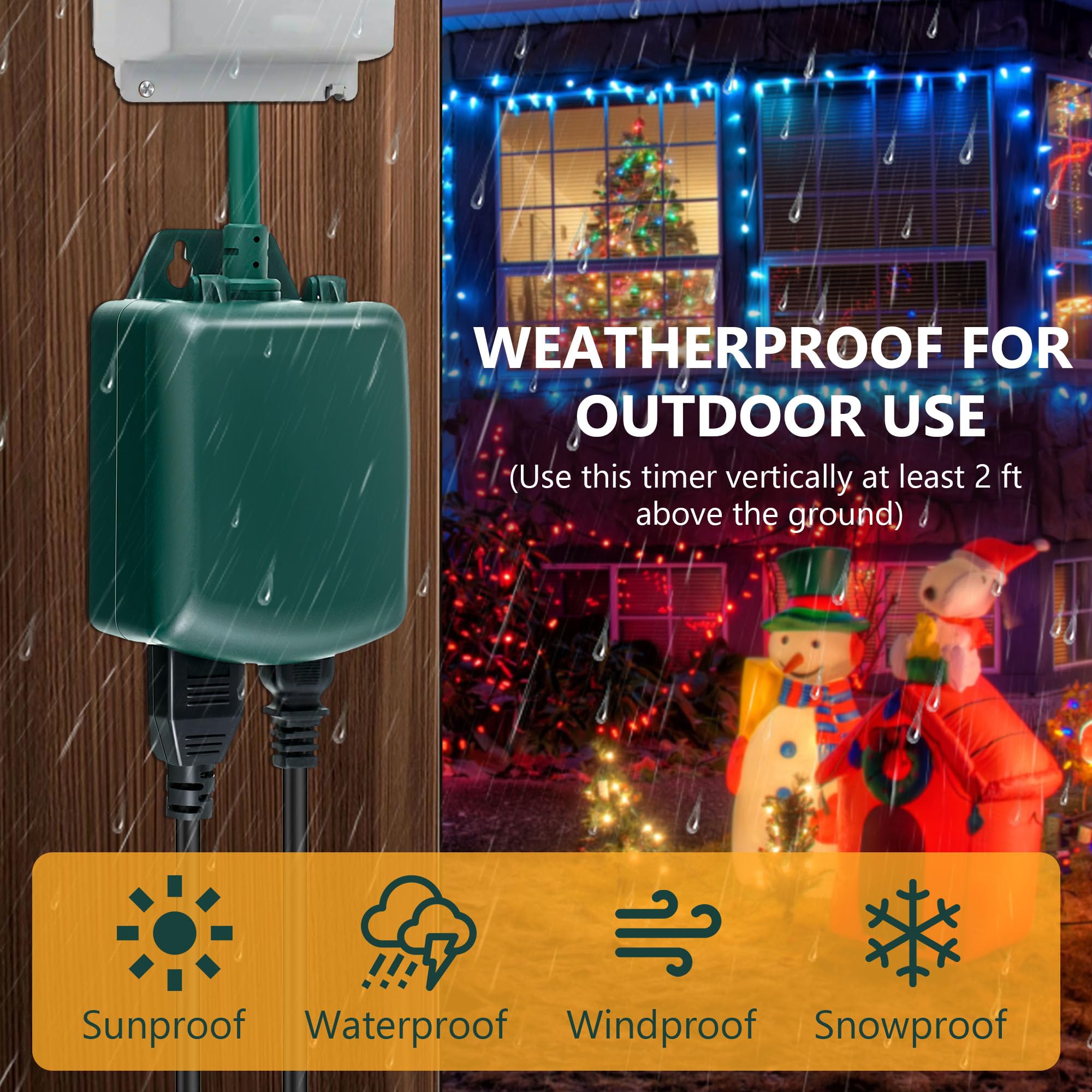 Dreyoo 24-Hour Heavy-Duty Mechanical Timer For Christmas - 2 Grounded Outlets For Xmas Decor, Waterproof, Green (2 Pcs) With 15-