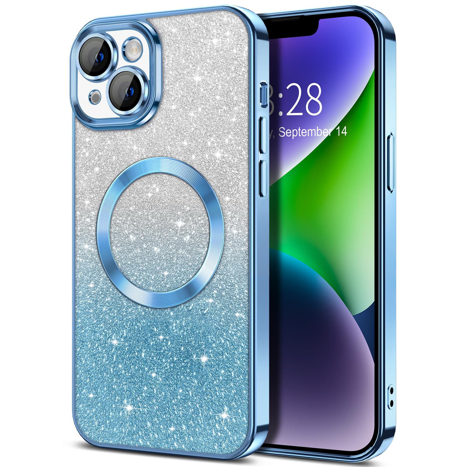 Hython For Iphone 14 Plus Case Clear Magnetic Glitter Phone Cases [Compatible With Magsafe] Full Camera Lens Protector Gradient