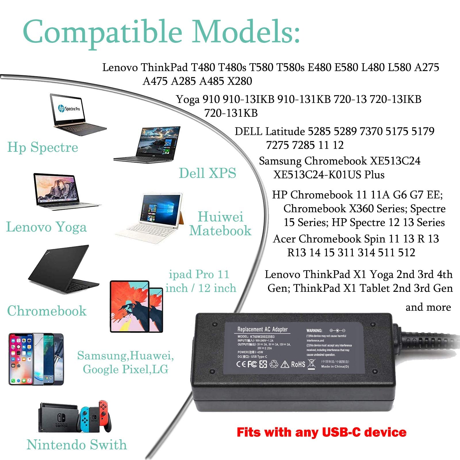 45W Chromebook Charger Usb C For Hp Chromebook 14 Inch Laptop 14A Nf0009Nr 14A Na0226Nr, Acer Gateway Chromebook 311 Cbo311 1H C1Mx, Lenovo, Dell, Asus, Samsung, Google Charger Type C Computer Charger