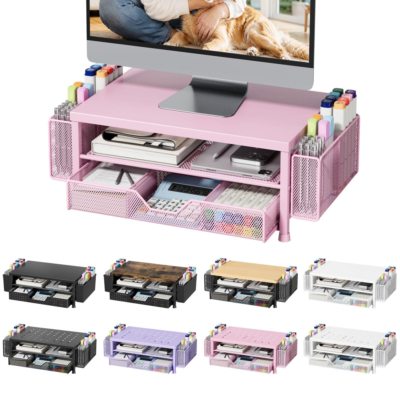 Monitor Stand Riser with Mesh Drawer and 2 Side Pen Holders, Pink Metal Top