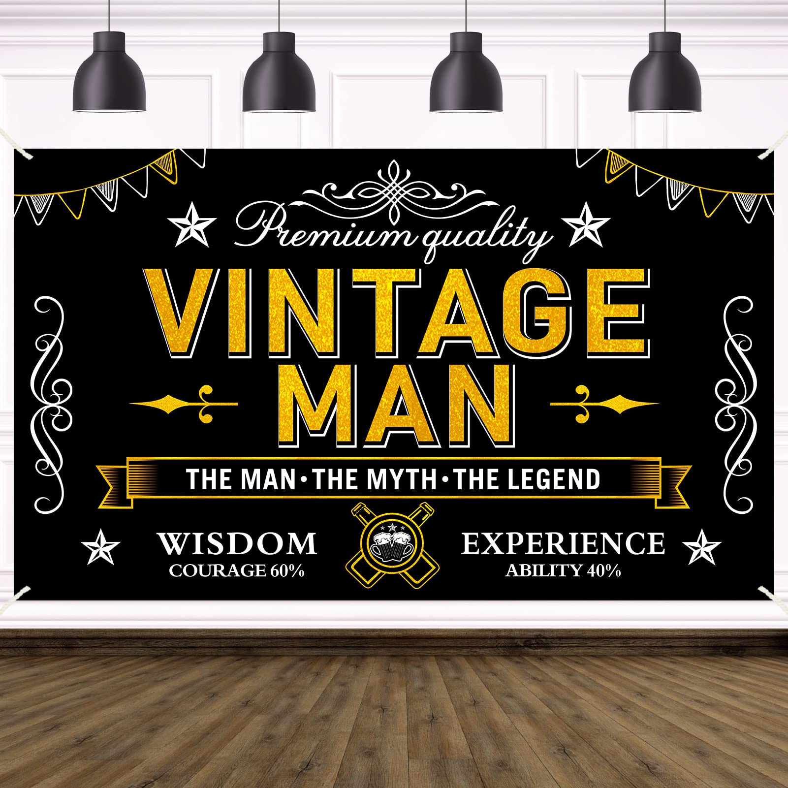 Vintage Man Birthday Banner Decorations For Men, Black Gold Vintage Themed Happy Birthday Backdrop Sign Party Supplies, 30Th 40T