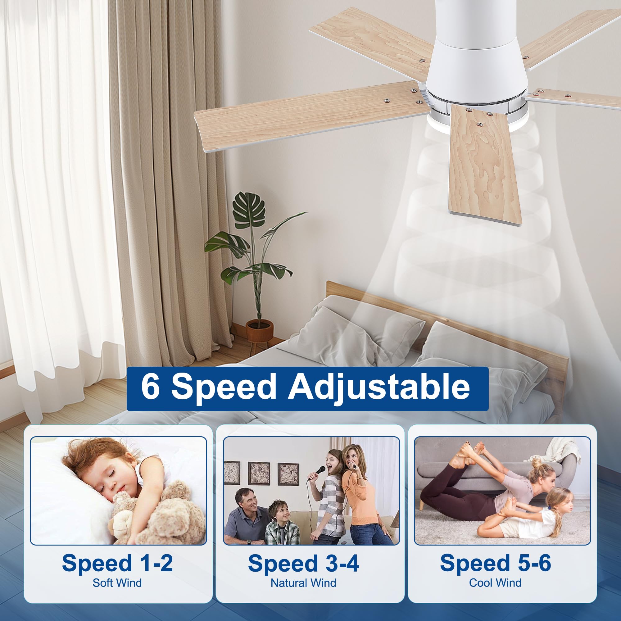 42 Inch Ceiling Fans With Lights And Remote,Flush Mount White Ceiling Fan With 5 Blades,6 Speed Reversible Dc Motor,3Cct Dimmabl