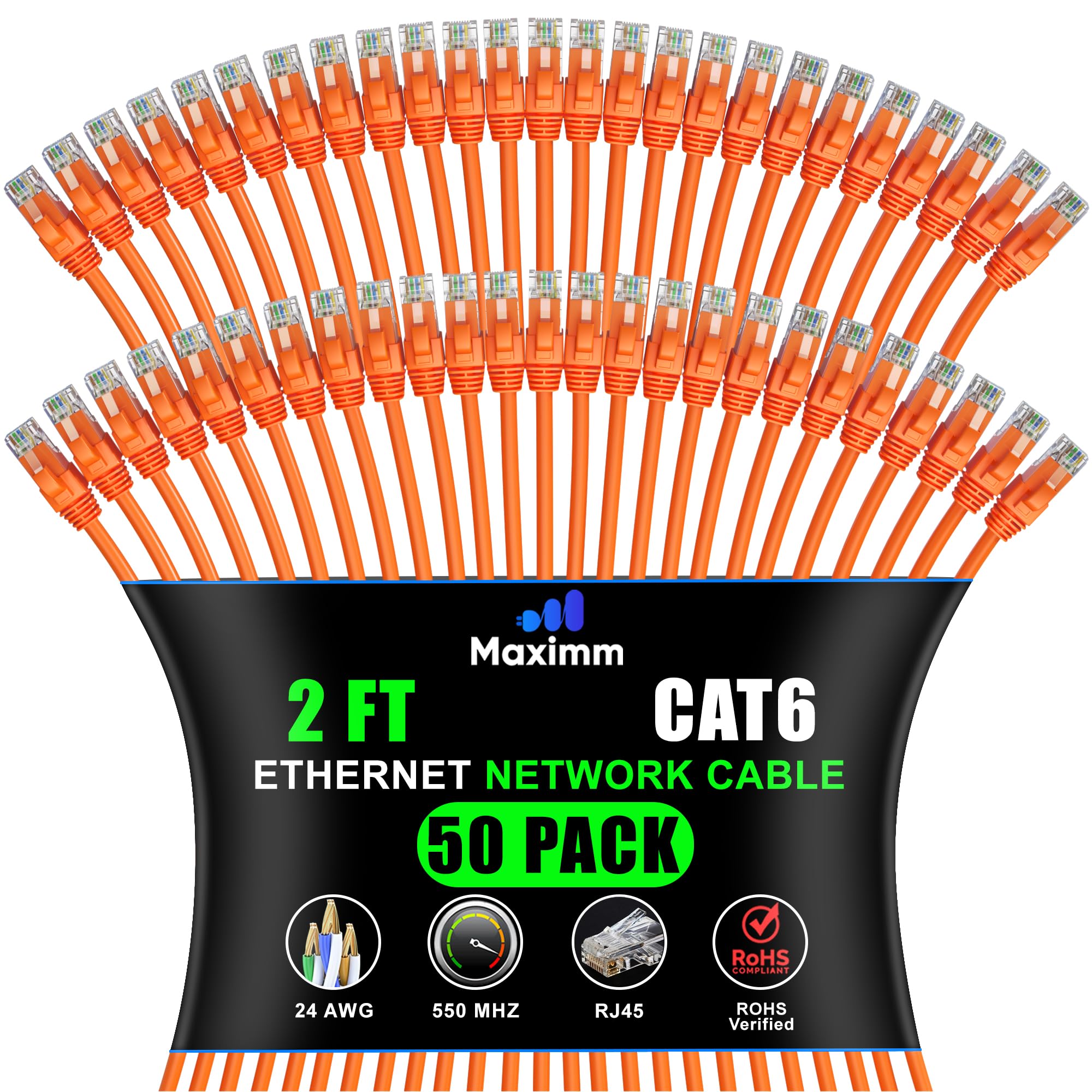 Maximm Cat 6 Ethernet Cable 2 ft (50-Pack) - High-Speed LAN Cable, Internet Cable, Patch Cable, and Network Cable - UTP, 10Gbps,