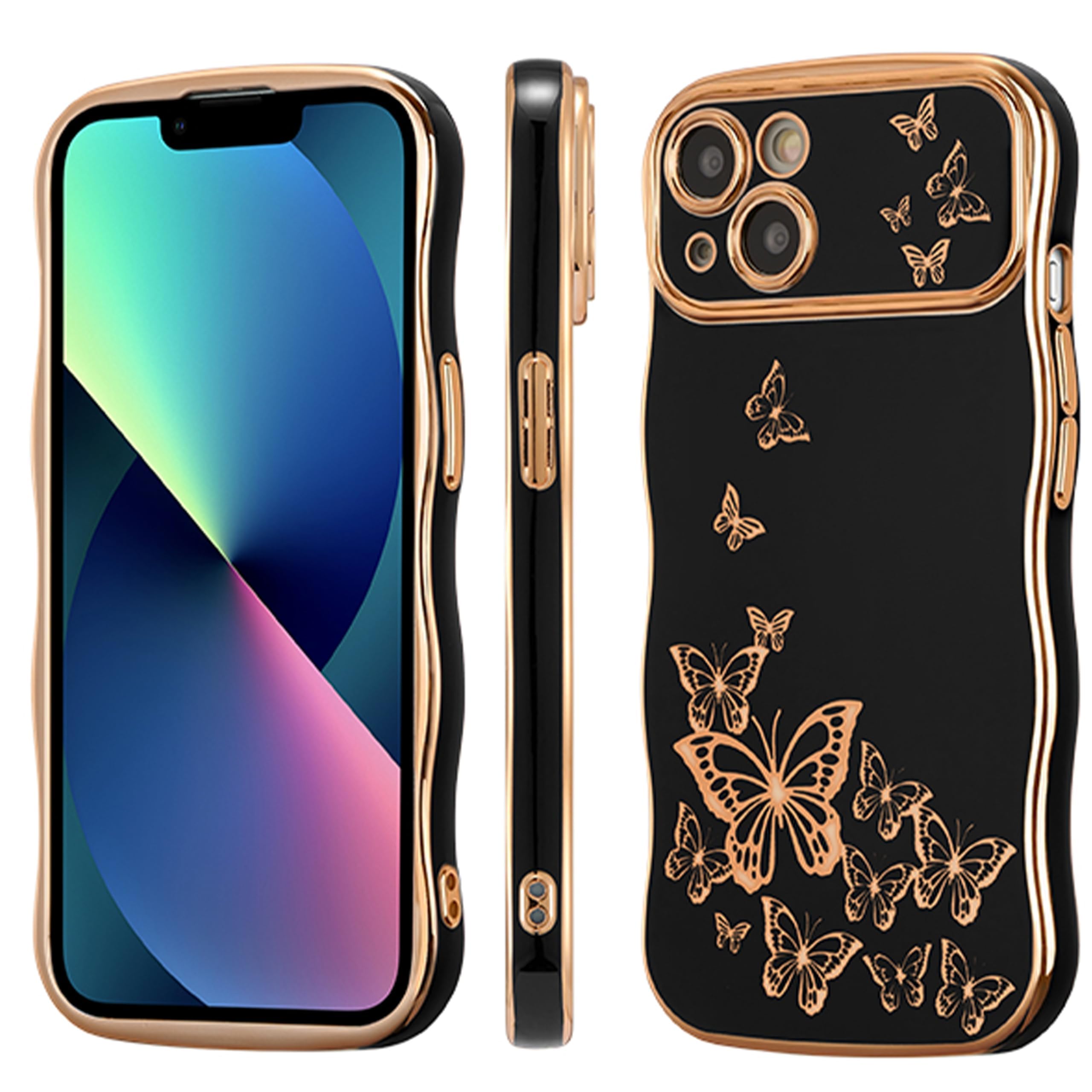 Ztofera For Iphone 13 Case For Girl Women, Cute Curly Wave Frame With Luxury Plating Butterfly Pattern, Soft Tpu Electroplated E