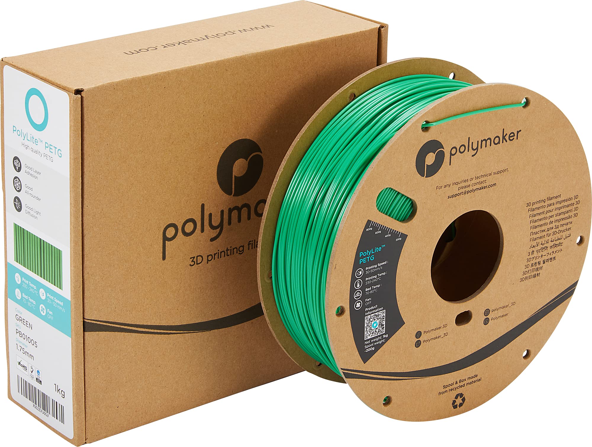 Polymaker Petg Filament 1.75Mm, 1Kg Strong Petg 3D Printer Filament Green   Polylite Petg Green 3D Printing Filament 1.75Mm, Dim