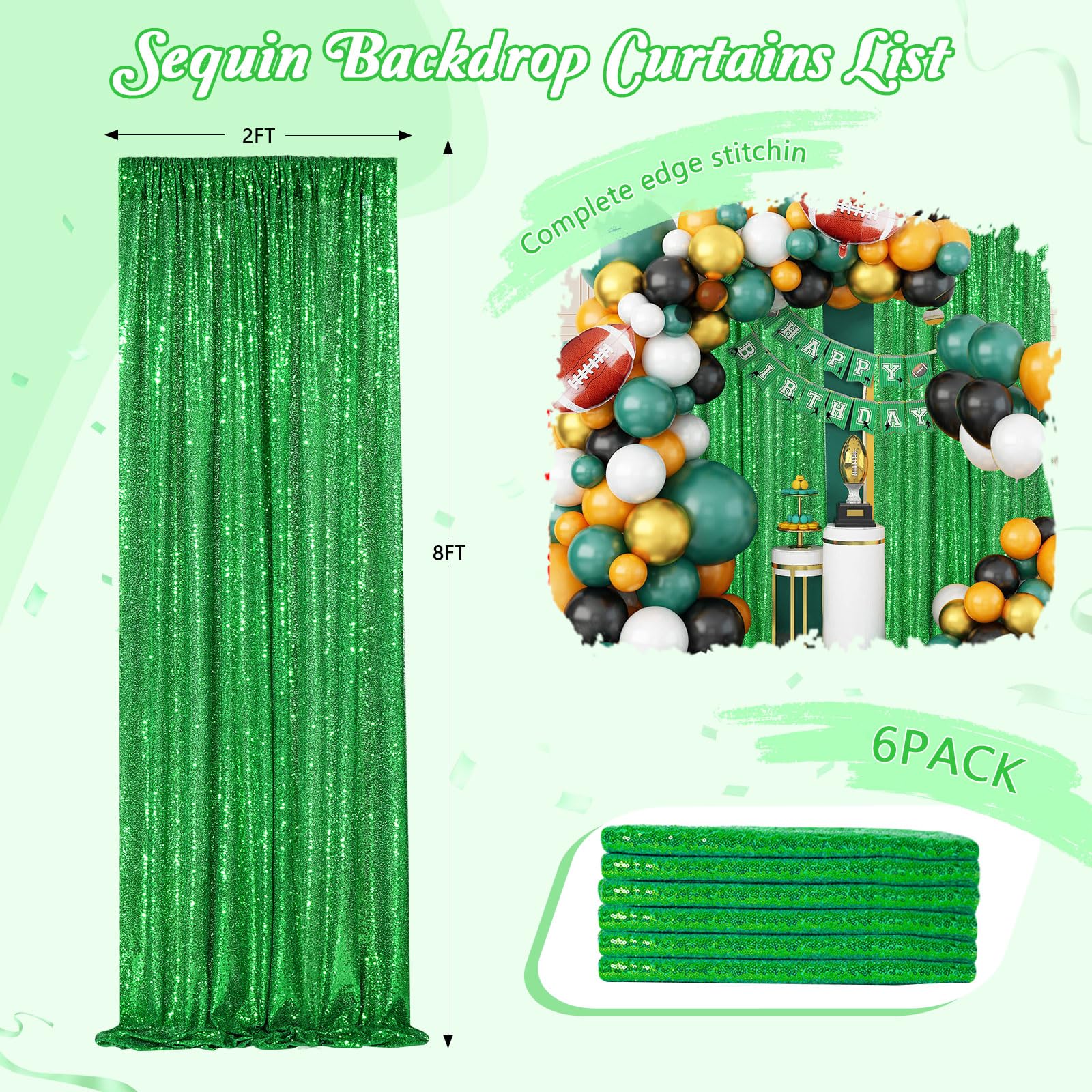 Sequin Backdrop Curtains 6 Packs 2Ftx8Ft Green Photo Background Drapes For Christmas Decoration Party Baby Shower