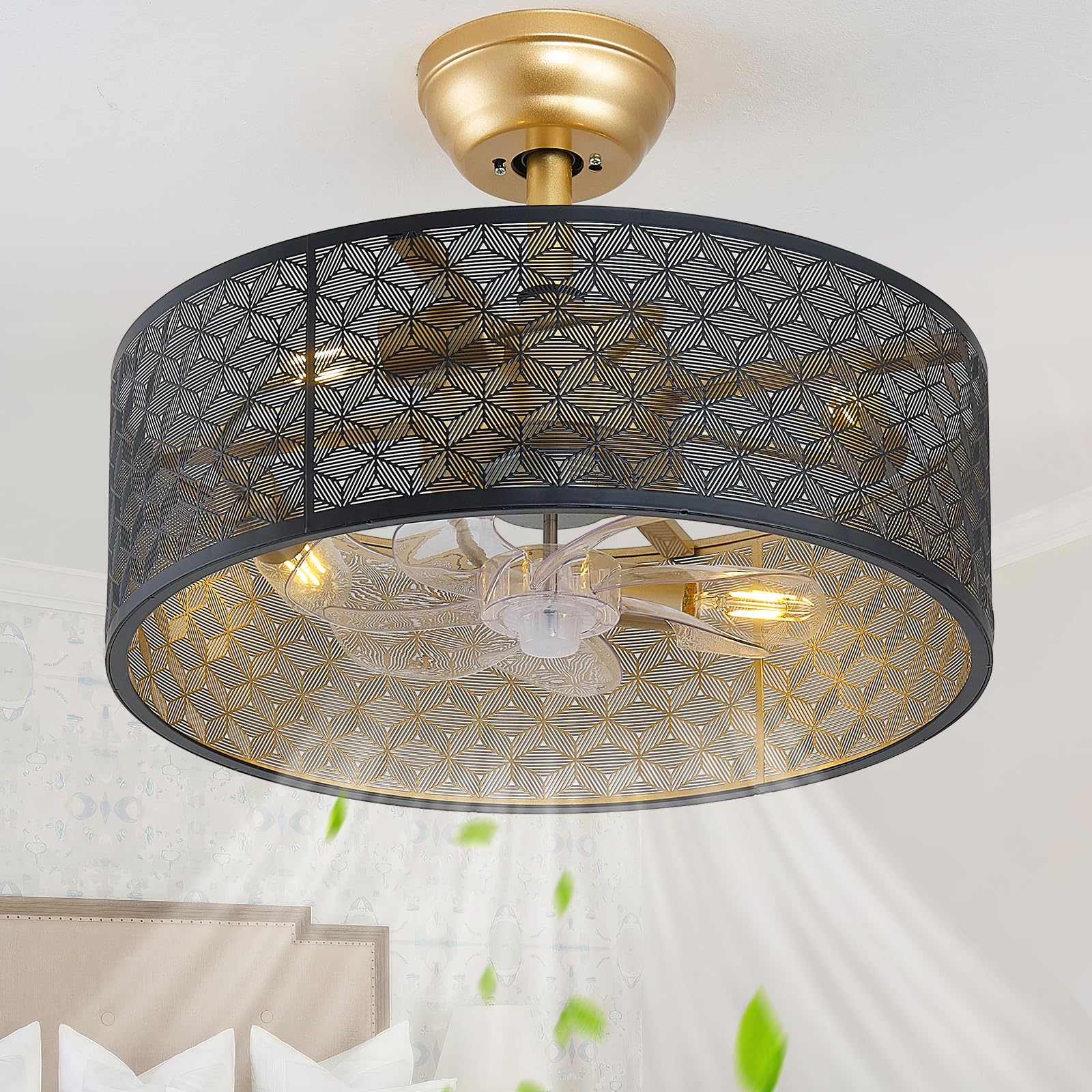 SYDACG 20 Boho Ceiling Fans with Lights, Black and Gold Fandelier Ceiling Fan with Light Remote Control with Caged 6 Speeds for 