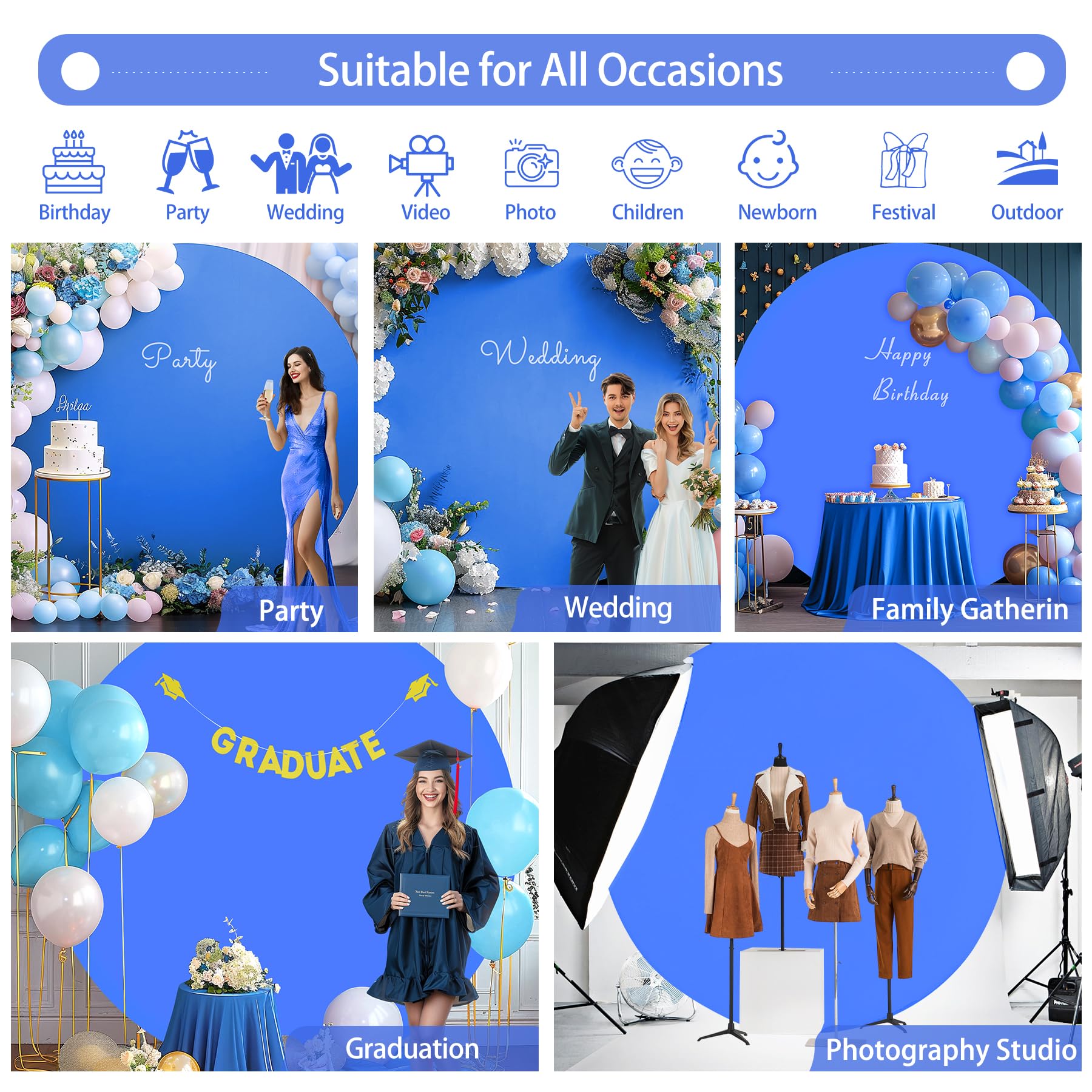 Gallety Royal Blue 7.2Ft Round Backdrop Cover For 5 7.2Ft Stands   Polyester Adjustable Arch Decoration For Wedding, Party, Phot