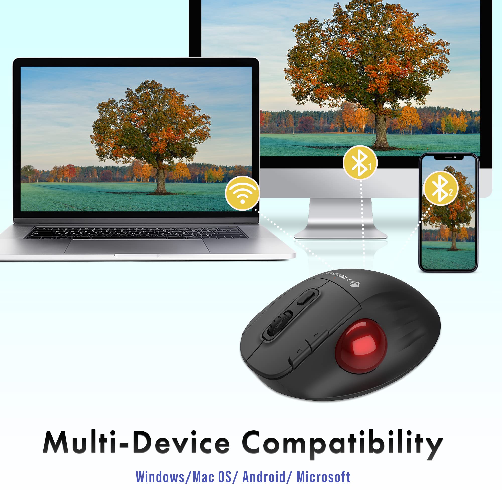 J Tech Digital Wireless Trackball Ergonomic Mouse W/Free & Easy Thumb Control | Dpi Adjustment, Precision Tracking, Multi System