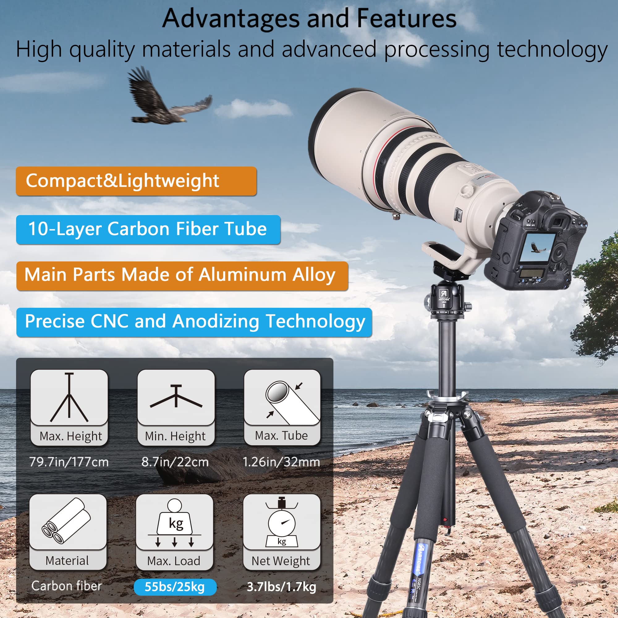 Carbon Fiber Camera Tripod With 44Mm Low Profile Ball Head Artcise Ns85C Professional Compact Tripod,Special Shaped Center Column,10 Layers Carbon Fiber, 32Mm Leg Tube,Max Load 55Lbs/25Kg Black