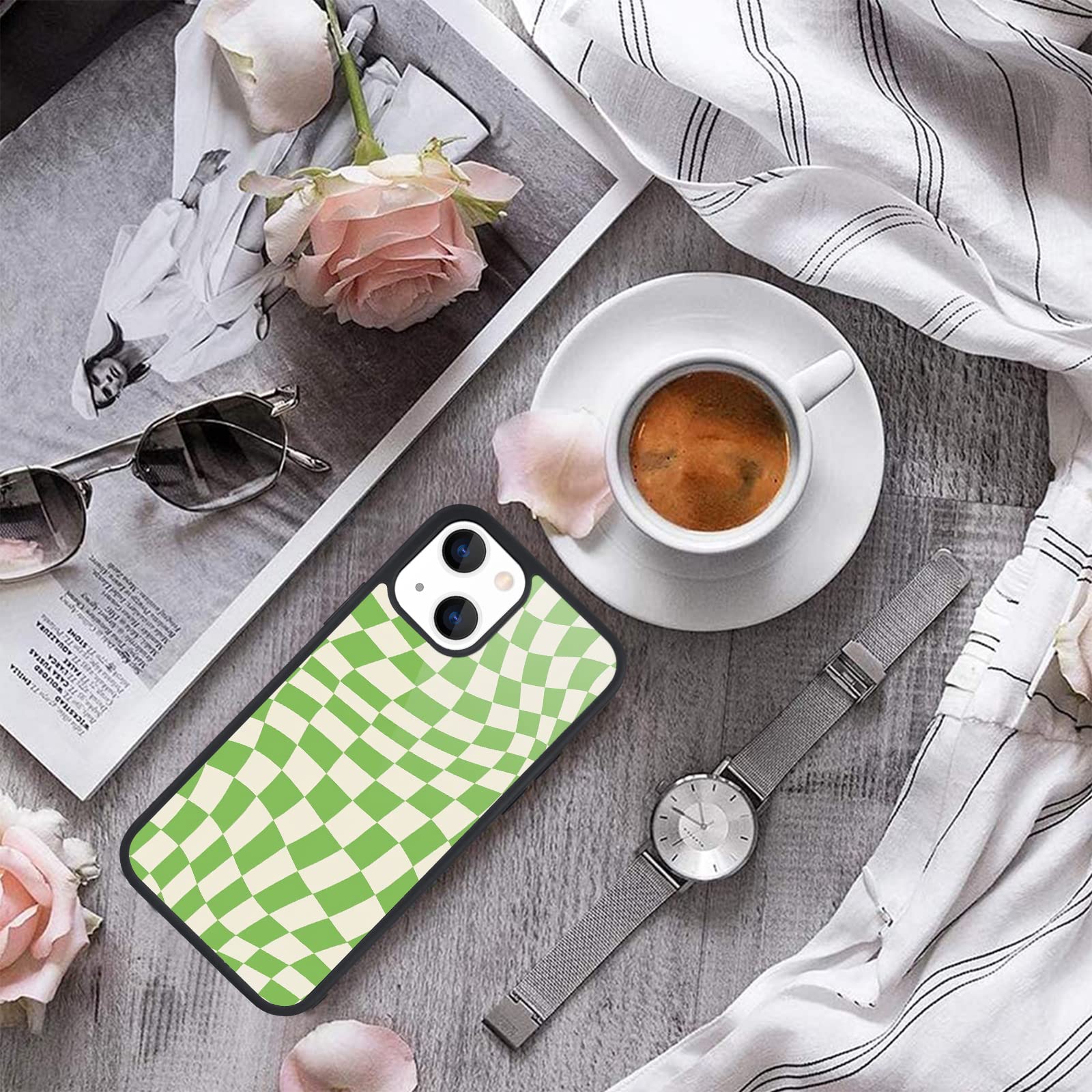 Maycari Compatible With Iphone 13 Mini Case For Children Women Twist Green Checkerboard Design, Hard Back Cover With Grid Plaid