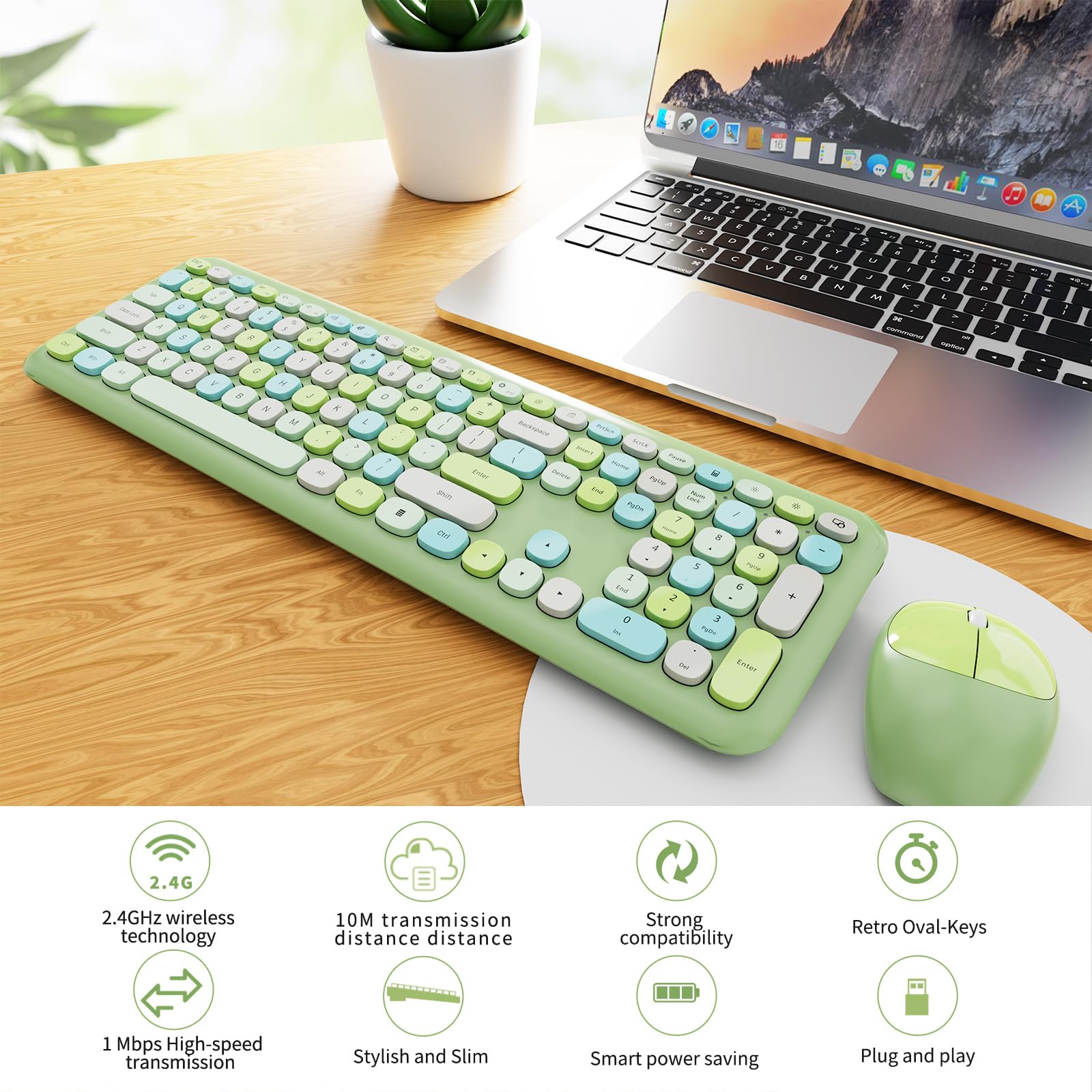 Wireless Keyboard And Mouse Combo, Colorful Ergonomic Full Size Retro Low Noise Keyboard With Cute Keycaps, Compatible With Wind