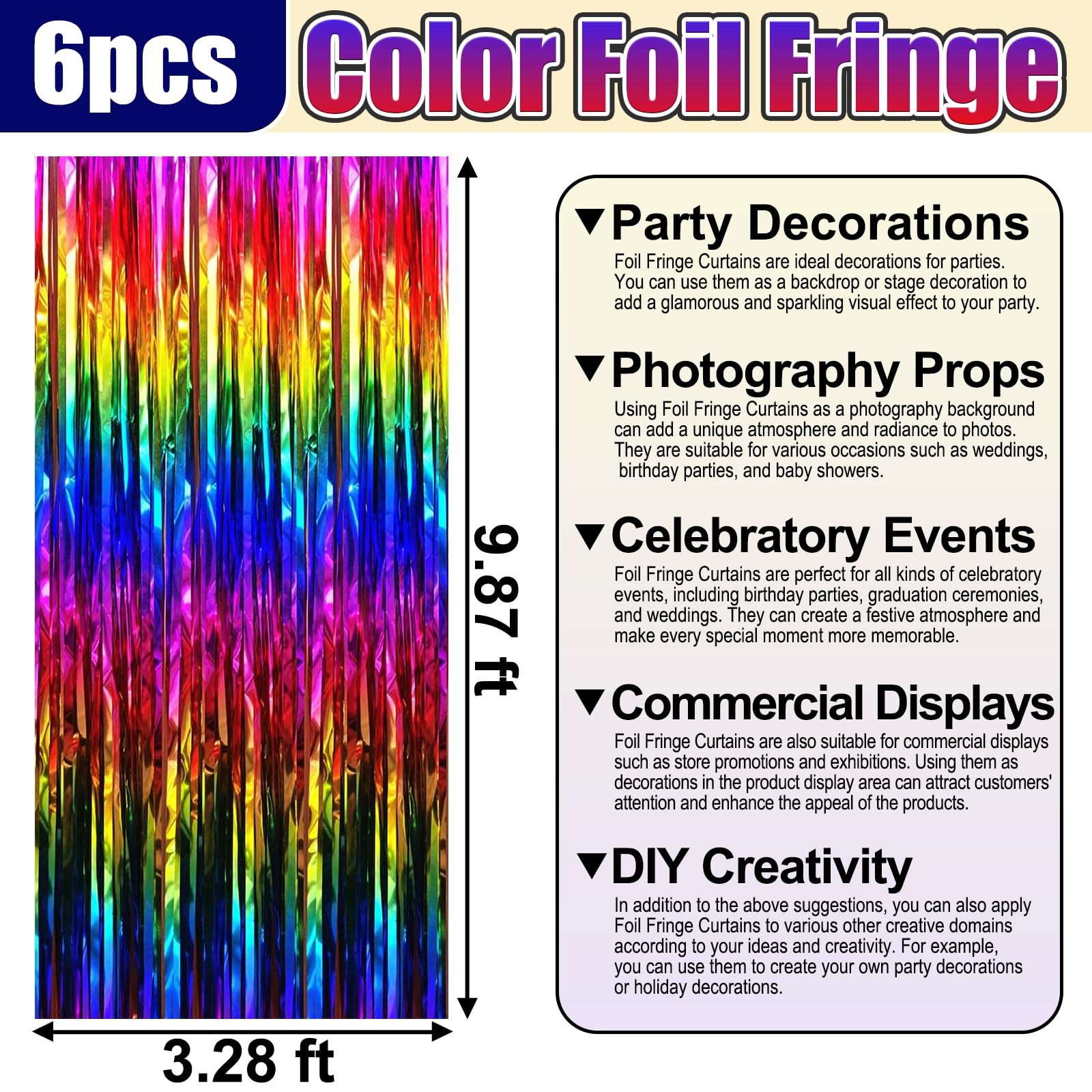 6 Pack Rainbow Foil Fringe Curtain Backdrop, 3.28Ft X 9.8Ft Metallic Tinsel Foil Fringe Streamer Curtains For Photo Booth, Chris