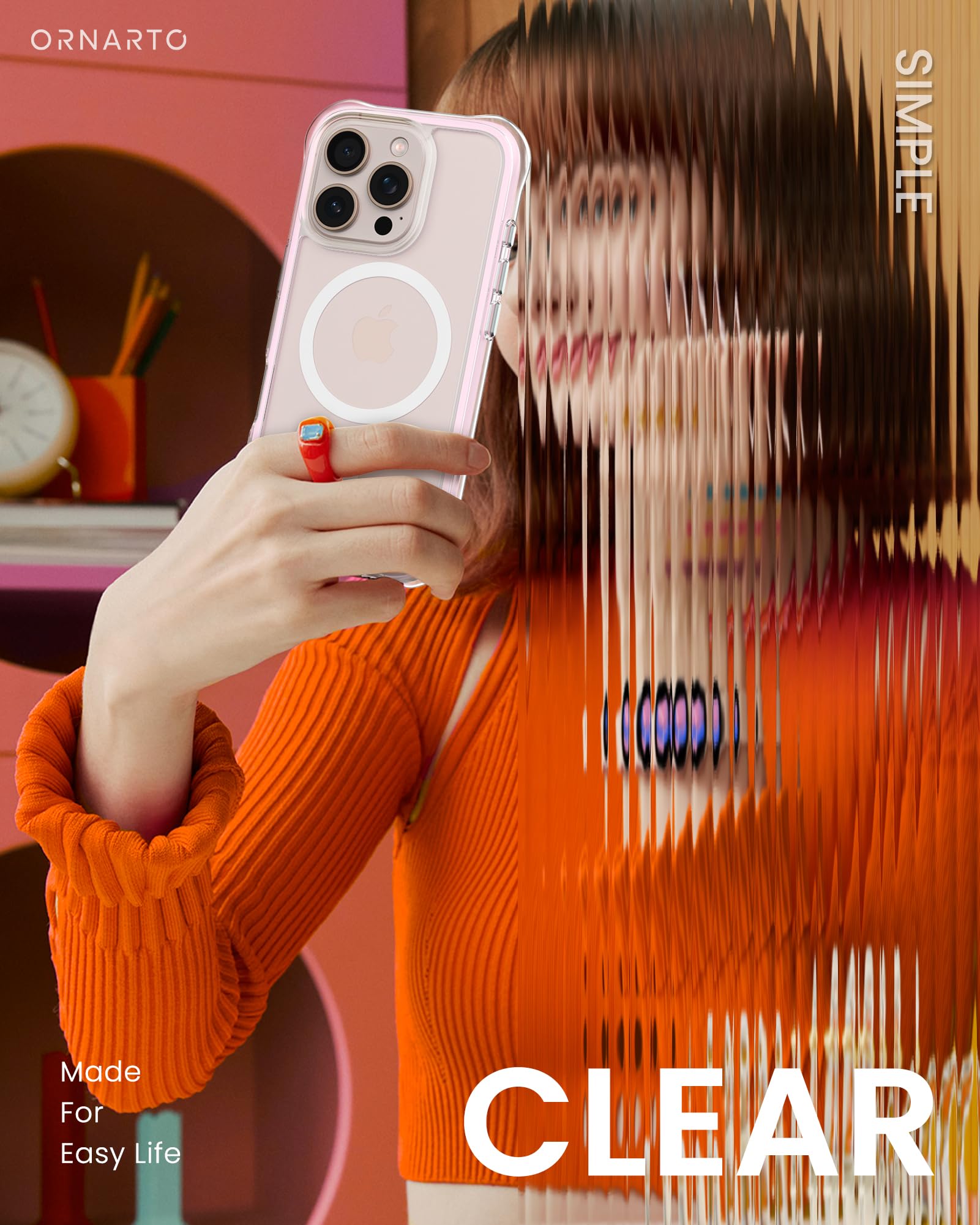 Ornarto Air Case For Iphone 16 Pro Clear, Compatible With Magsafe, Military Grade Drop Protection Cover With Built In Air, Pink