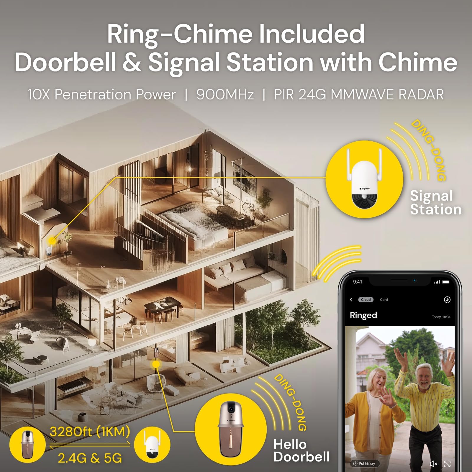 Anyfree Hello Doorbell Camera Wireless With Solar Powered Battery, Video Doorbell With Chime, Ai Motion Detection&Alert, 2.4&5G