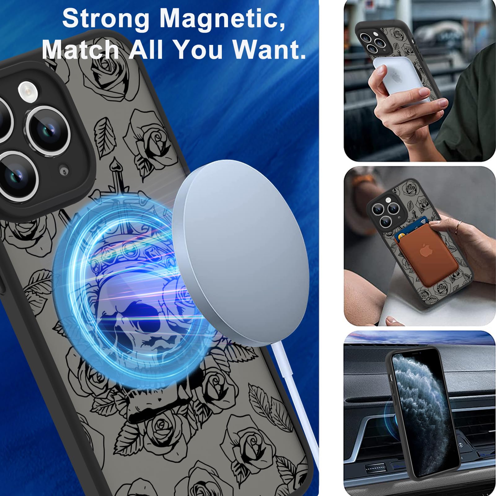 Ook Magnetic For Iphone 11 Pro Max Case Black Flower Skull Pattern [Compatible With Magsafe] Slim Translucent Matte Camera Lens
