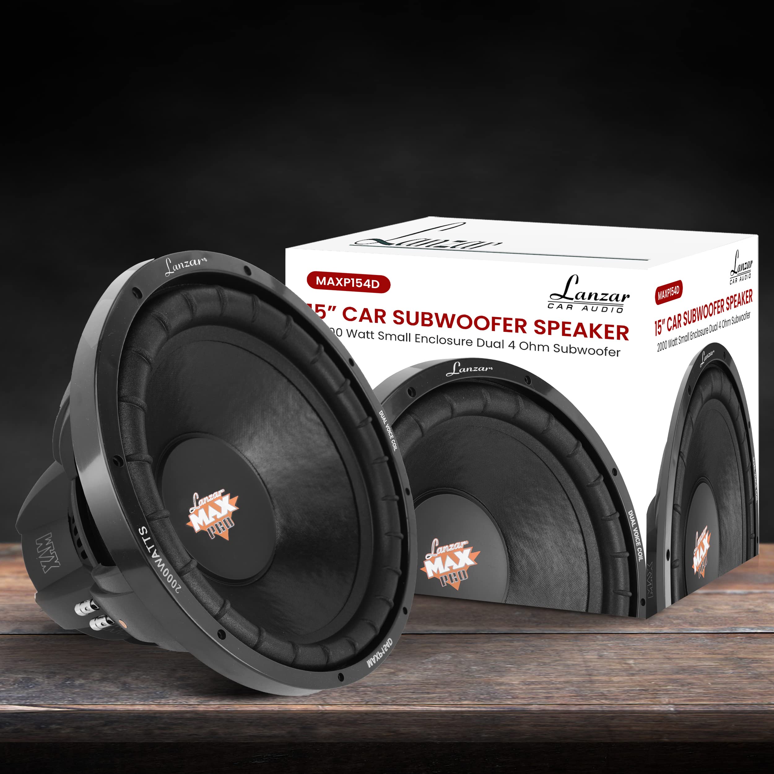 Lanzar MAXP154D 15in Car Subwoofer - Black, Dual 4 Ohm, 2000W Power, Non-Pressed Paper Cone, Foam Edge Suspension