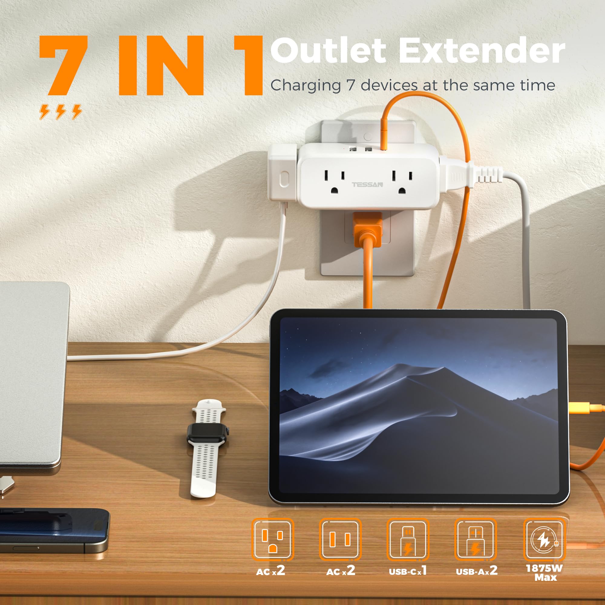 Outlet Extender Surge Protector, Tessan Multi Plug Splitter With 4 Electrical Outlets 3 Usb Ports (1 Usb C), Multiple Wall Plug