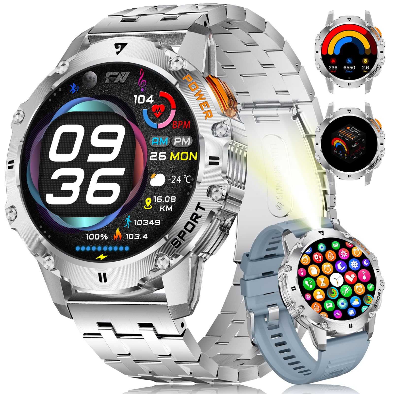 Military Smart Watch For Men With Flashlight/5Atm Waterproof,1.43 ' ' Amoled Tactical Smartwatch With 500Mah Battery,110+ Sport 