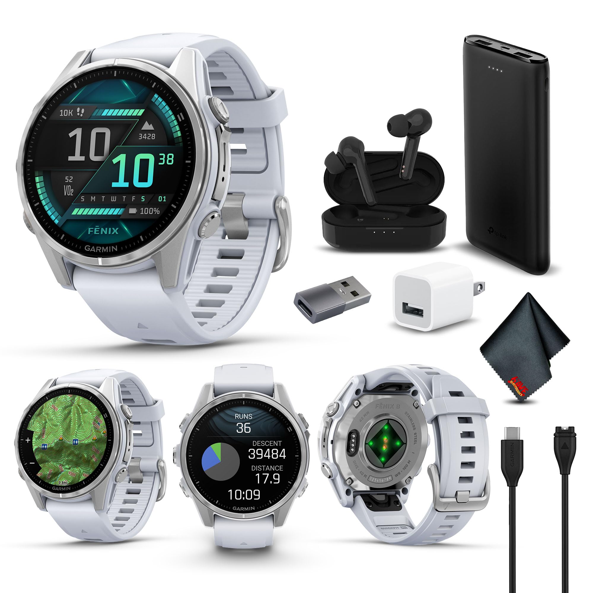 Garmin Fenix 8 43Mm Amoled Sapphire Premium Multisport Gps Smartwatch Silver With Whitestone Silicone Band, Built-In Led Flashli