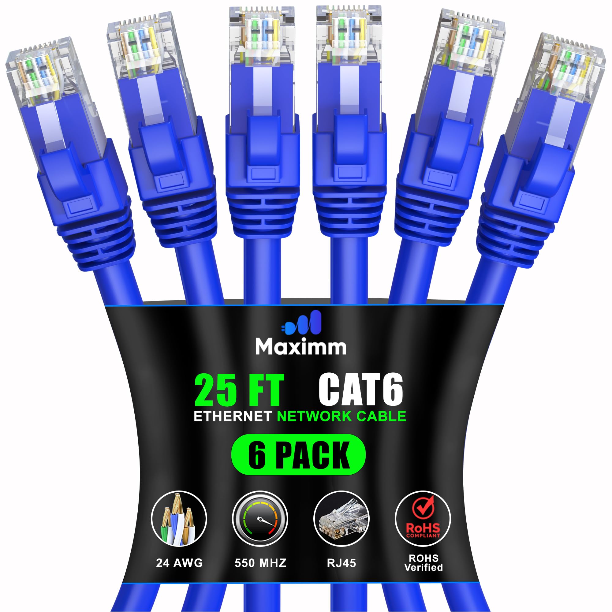 Maximm Cat 6 Ethernet Cable 25 Ft (6 Pack)   High Speed Lan Cable, Internet Cable, Patch Cable, And Network Cable   Utp, 10Gbps,