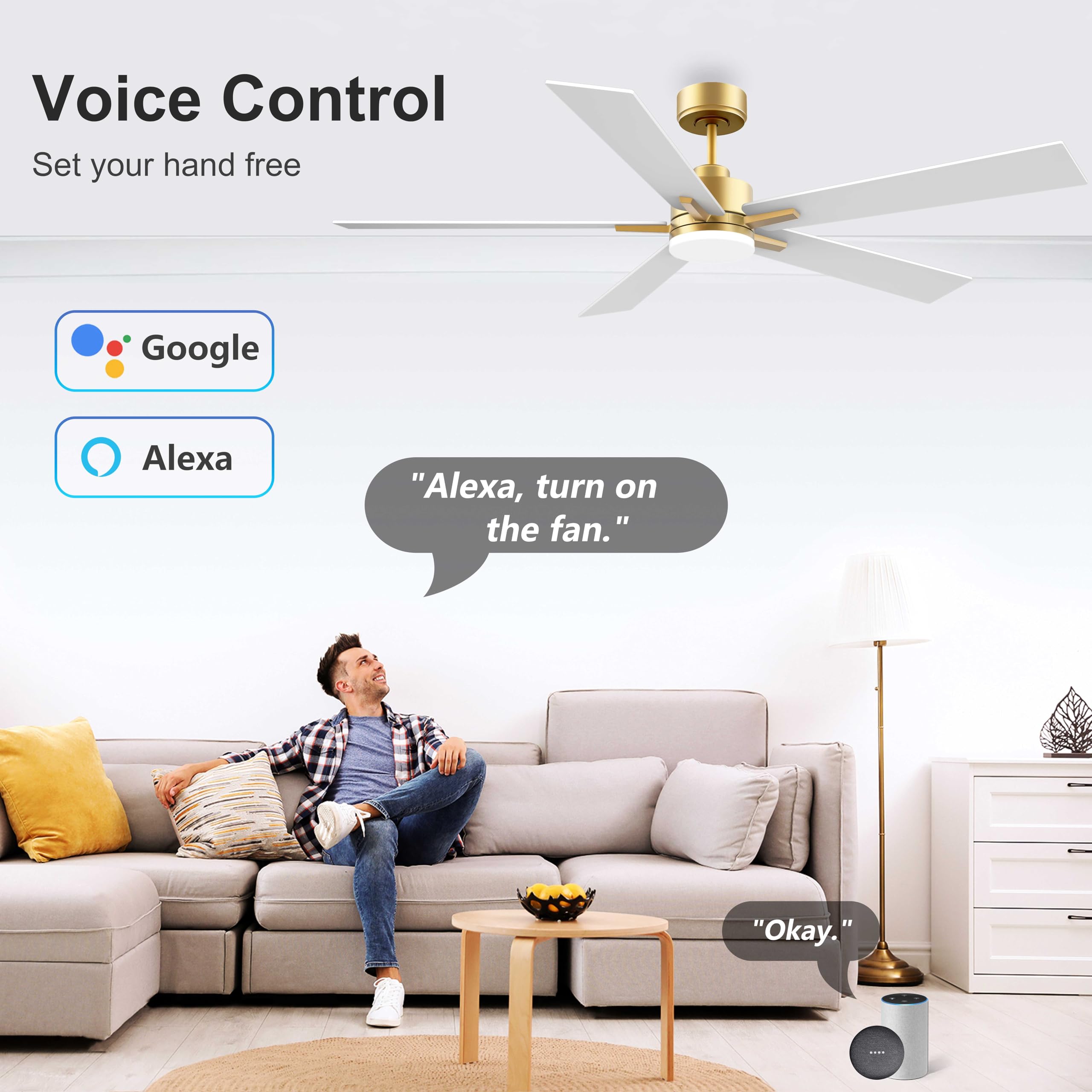 72'' Large Smart Ceiling Fan With Lights Remote,Silent Dc Motor,Control Via Voice Alexa Google App,Outdoor Indoor Gold White Cei