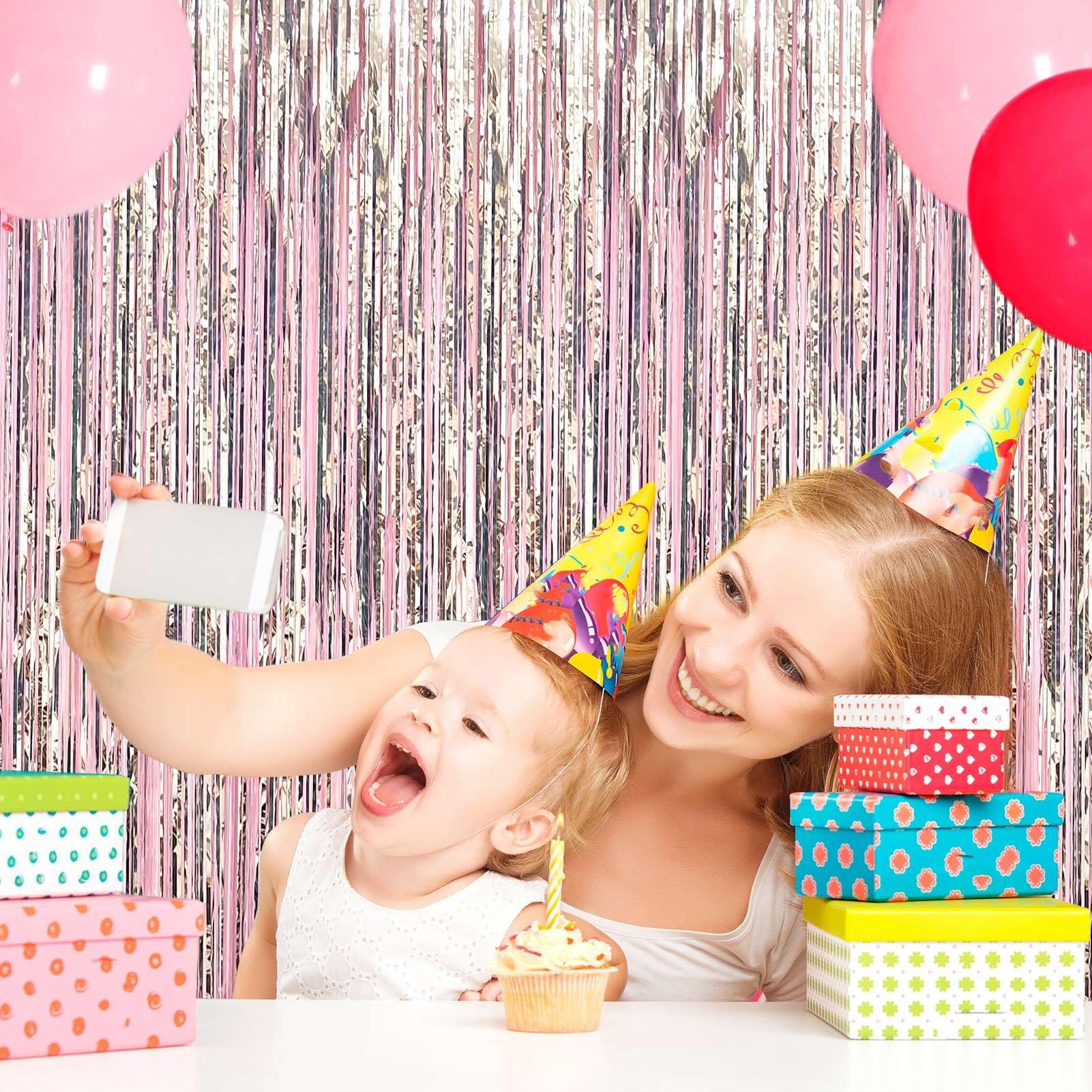 Eufars Pink Party Backdrop Decorations - 4 Pack Pastel Pink And Silver Foil Fringe Curtains For Birthday Bachelorette Graduation