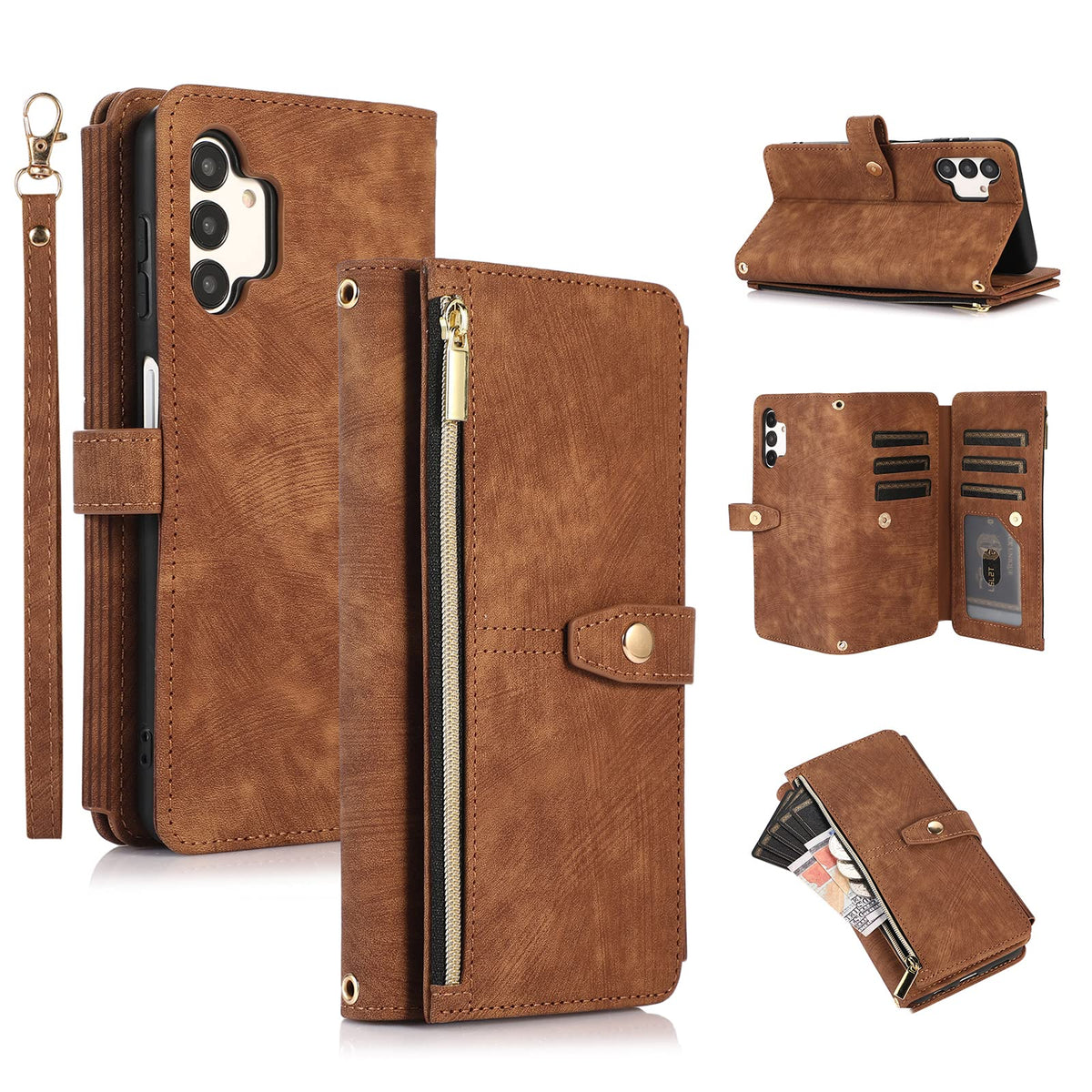 Ueebai Case For Samsung Galaxy A13/A04S, 9 Card Slots Retro Leather Wallet Flip Cover For A13 5G/4G With Hand Strap Card Slots Z