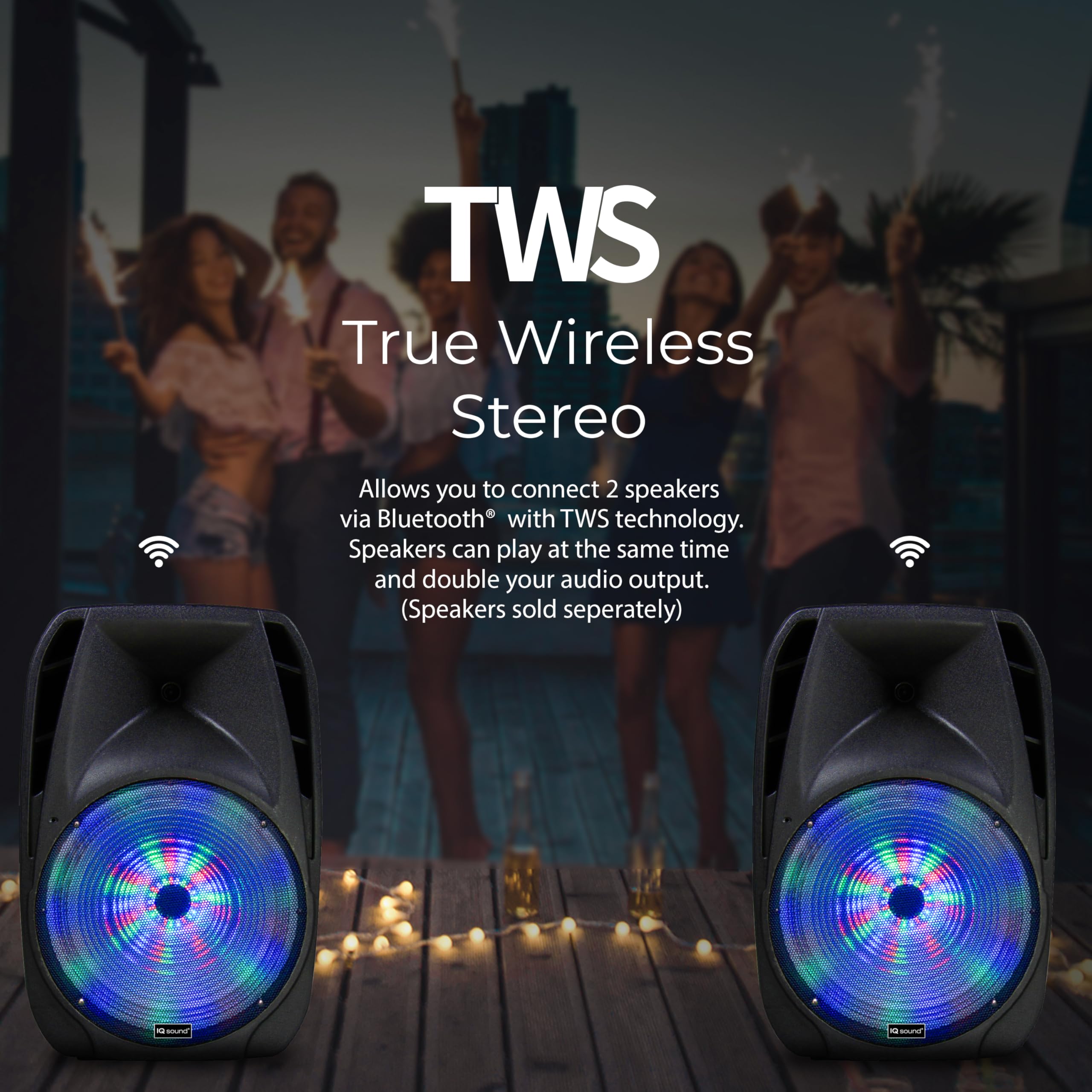 Iq Sound Iq-4415Djbt 15-Inch Professional Bluetooth Speaker With Tripod Stand, 900 Watts, Moonlight Glow, Usb/Micro Sd/Mic Input