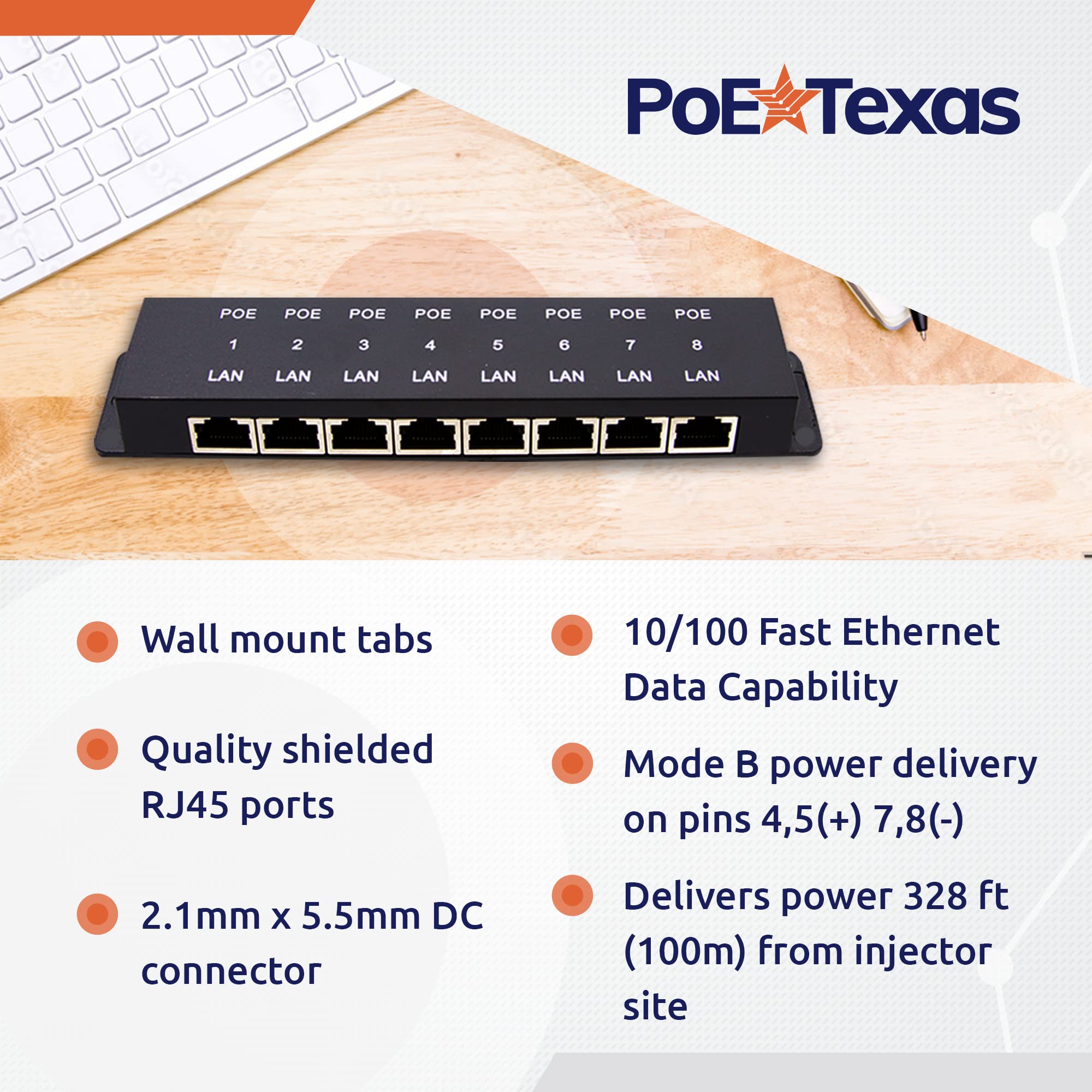 Poe Texas 8 Port Poe Injector   8 Port Poe Adapter   Add Power Over Ethernet For Passive Devices   10/100 Data Rate For Ptz, Ip Camera Video Security System, Voip Phone, Wifi Access Point (Poe 8 Enc)