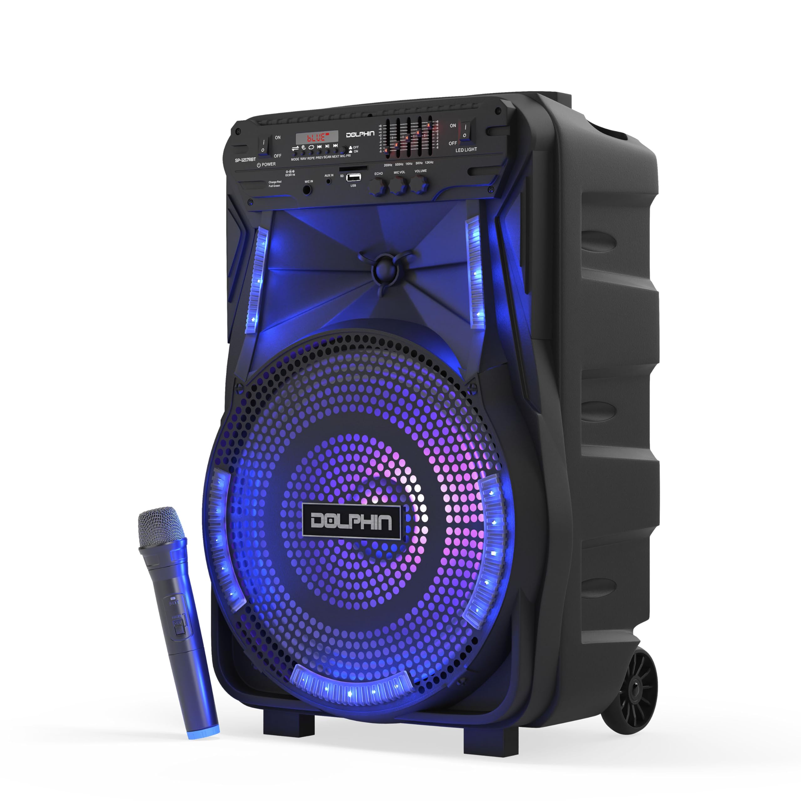 Dolphin 12 Inch Rechargeable Bluetooth Party Speaker � High Power Sound, Tws Compatibility, Led Lights, 5 Band Equalizer, Portable Design With Trolley And Wheels