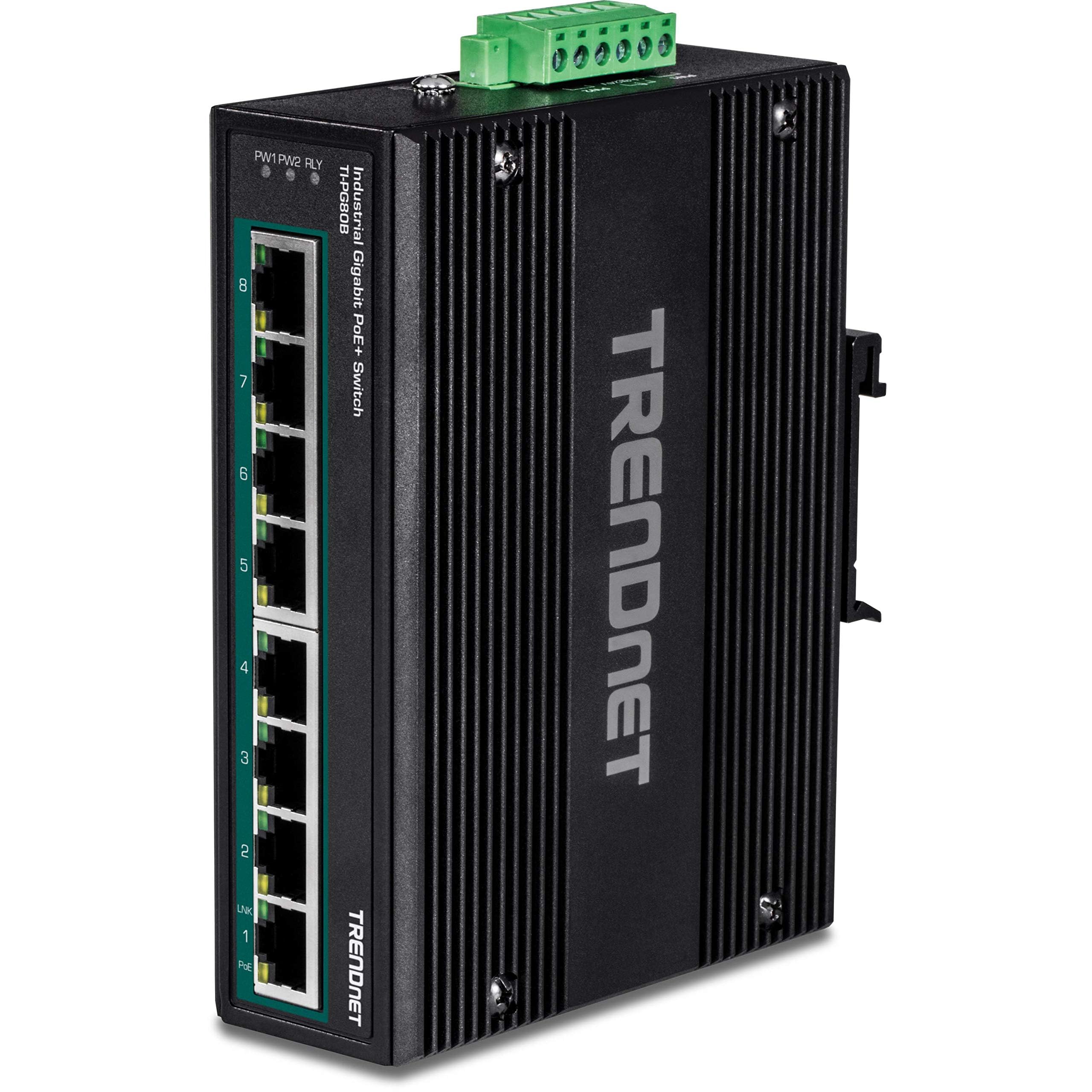 Trendnet 8 Port Hardened Industrial Unmanaged Gigabit 10/100/1000Mbps Din Rail Switch W/ 8 X Gigabit Poe+ Ports, Ti Pg80B, 24 � 56V Dc Power Inputs With Overload Protection, Lifetime Protection
