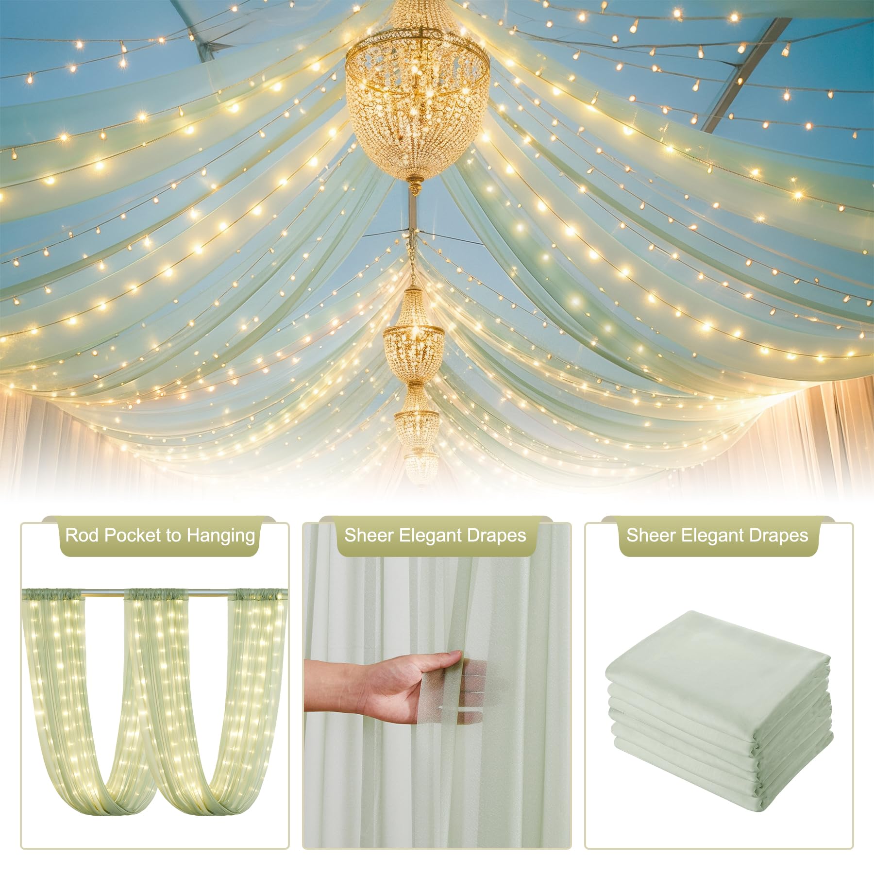 Wish Care Sage Green Ceiling Drapes With Lights String For Weddings, 6 Panels 5Ftx10Ft Sheer Tulle Curtain Drapes For Wedding Ce
