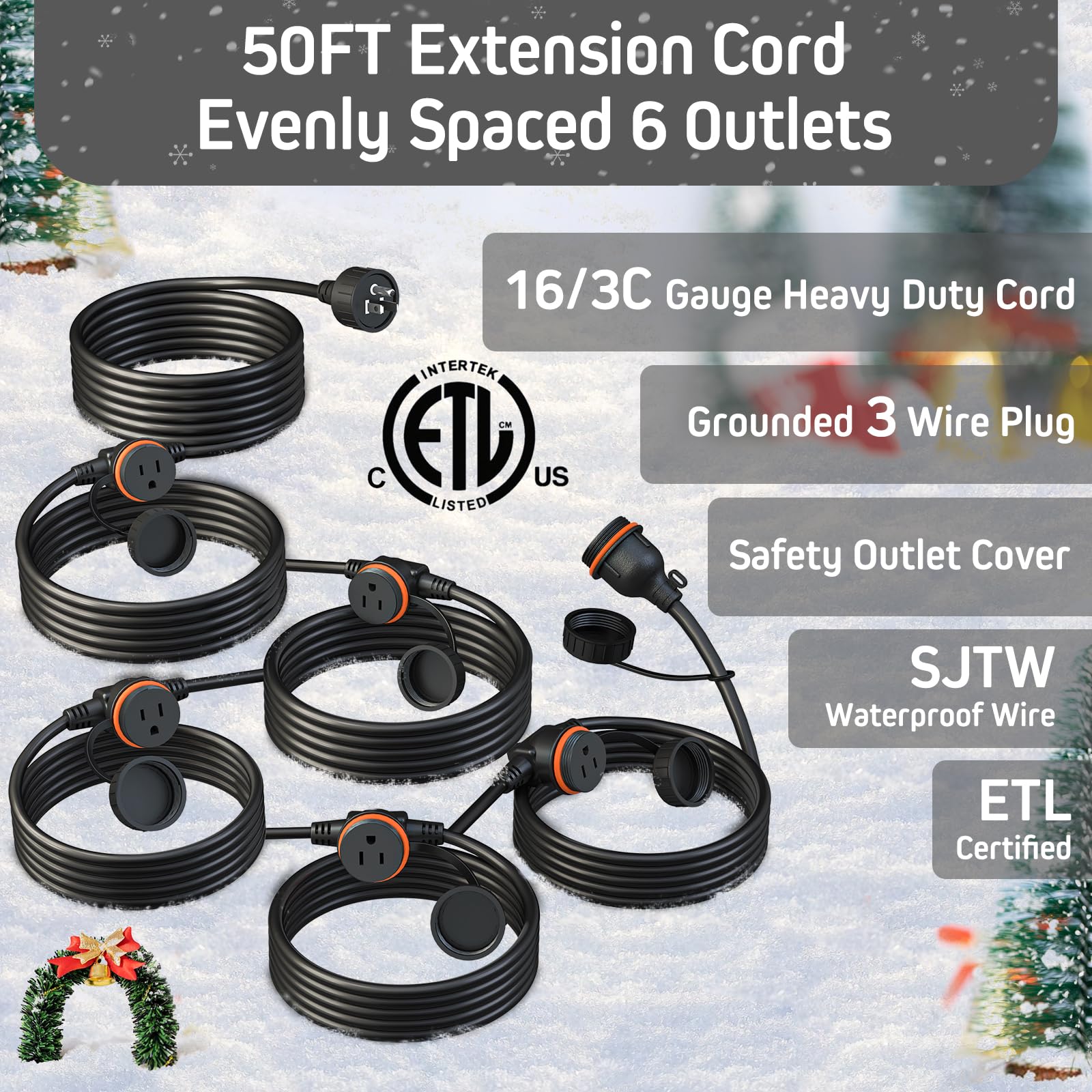 50Ft Black Outdoor Extension Cord, Evenly Spaced 6 Outlets Plugs With Waterproof Cover, 16/3 Sjtw Weatherproof Multiple Outlets