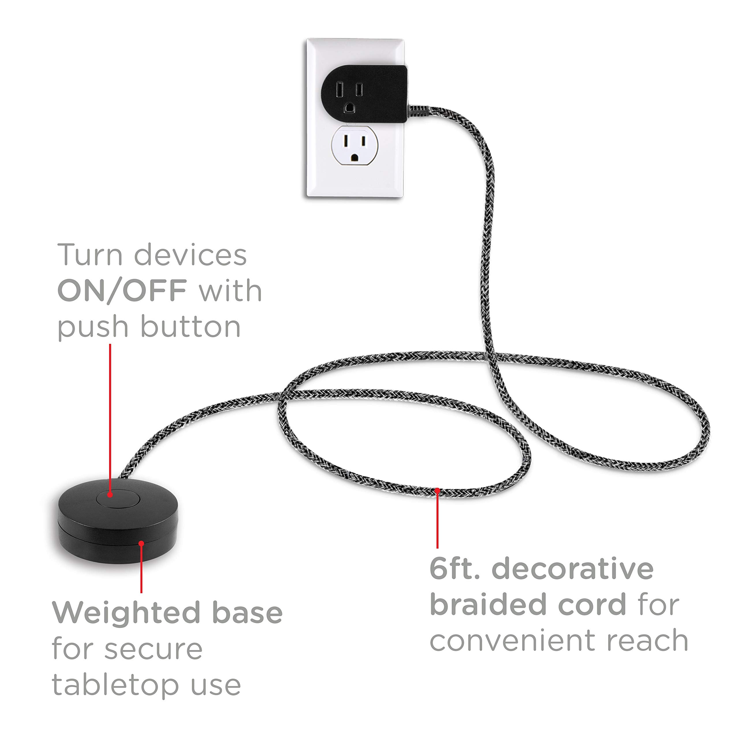 Cordinate Extension Cord With Switch On/Off Plug, 6 Ft Braided Power Cord Outlet Switch, 3 Prong, Slip Resistant Base, Tabletop