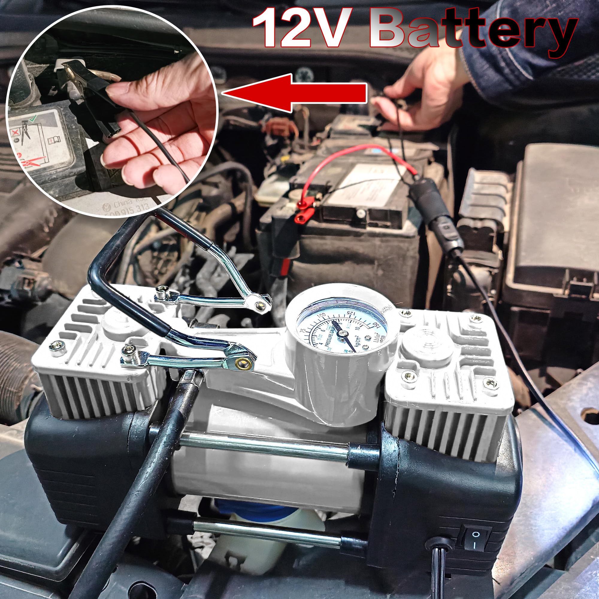 Yungtee Slivertire Inflator Heavy Duty Double Cylinders Direct Drive Inflation Pump,12V Portable Air Compressor Pump With Led Li