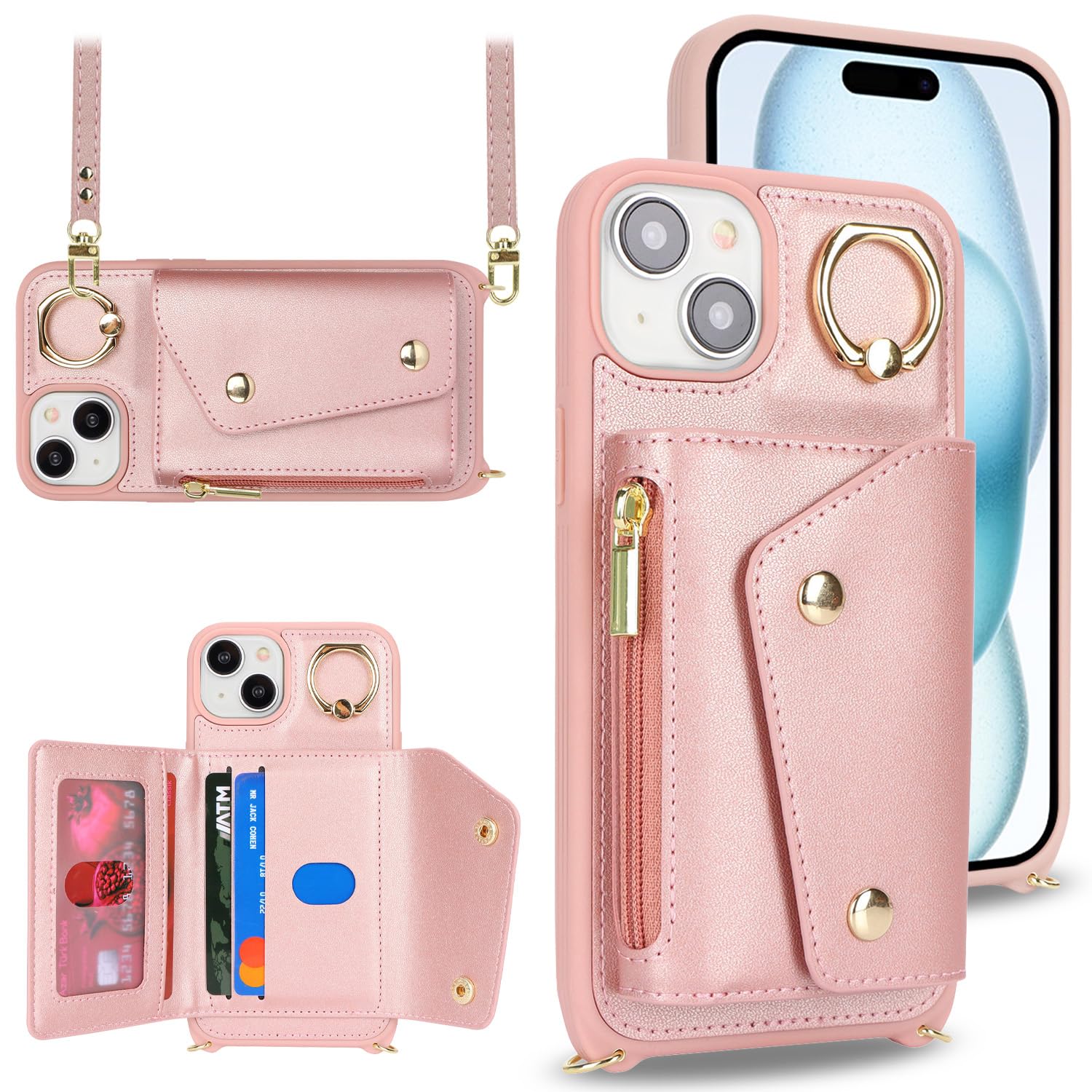 Lipvina For Iphone 15 Plus Case With Card Holder And Strap - Zipper Pocket,Crossbody Lanyard Strap,Credit Card Holder,Stand Ring