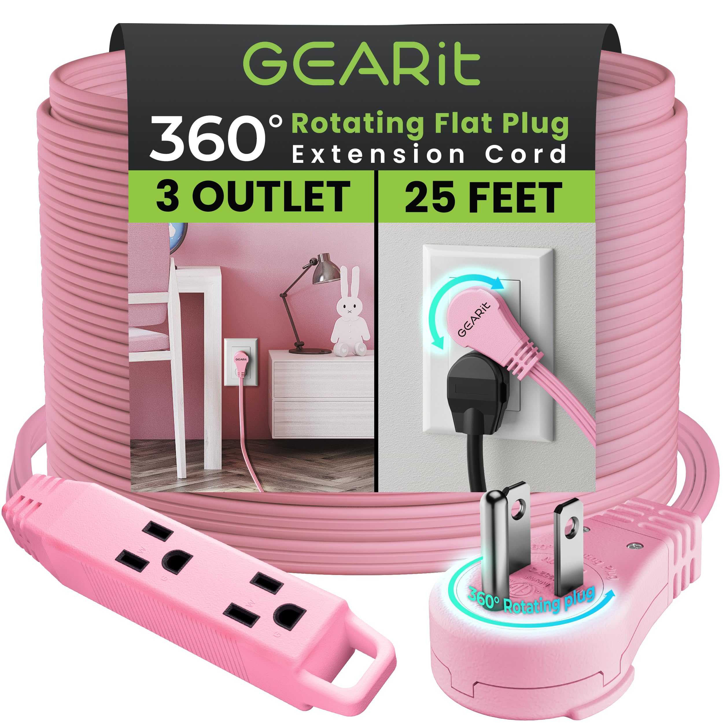 Gearit 360 Rotating Flat Plug Extension Cord With 3 Outlets (25Ft, Pink) 16Awg/13A 3 Prong Wire, Outlet Saver For Home Office Do