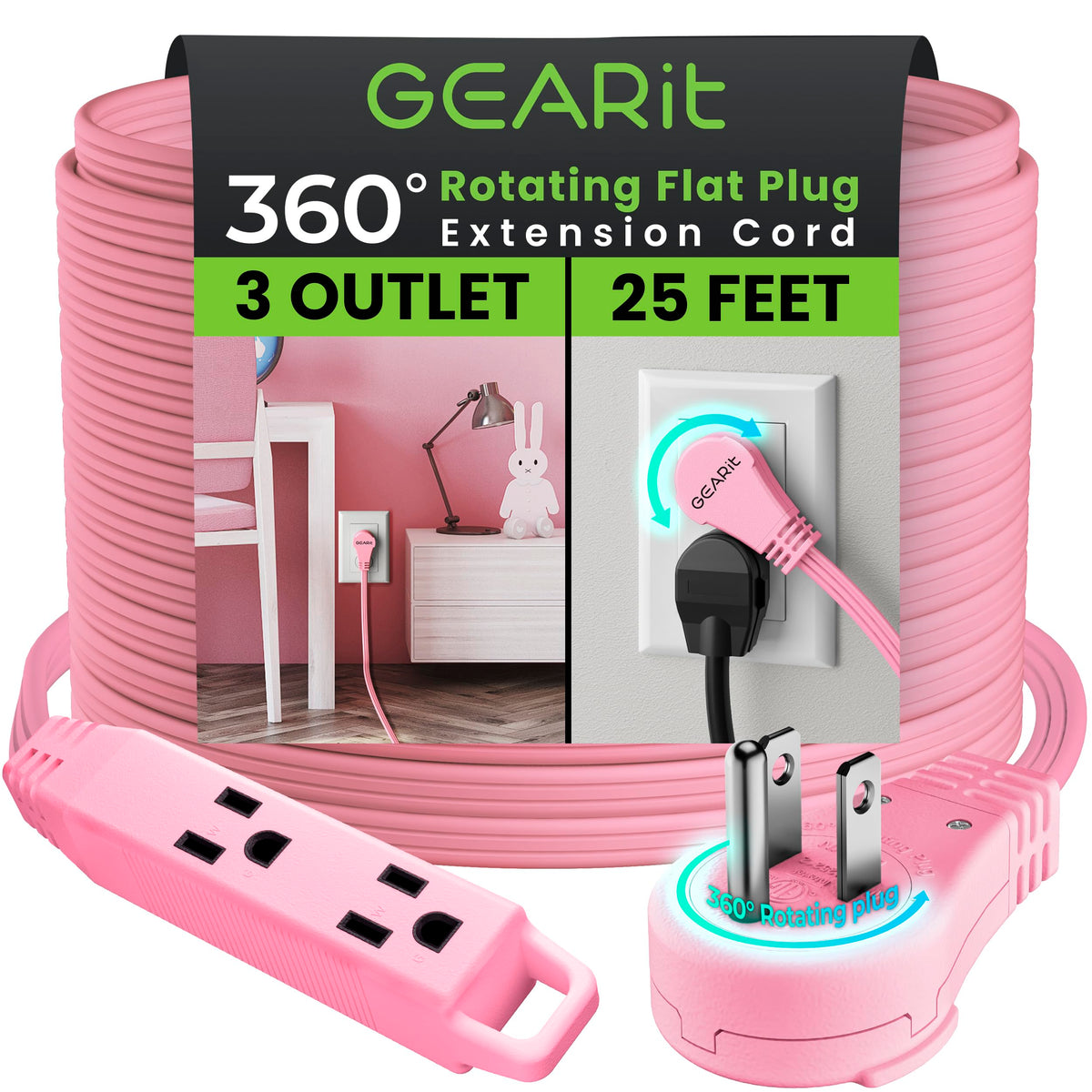 Gearit 360 Rotating Flat Plug Extension Cord With 3 Outlets (25Ft, Pink) 16Awg/13A 3 Prong Wire, Outlet Saver For Home Office Do