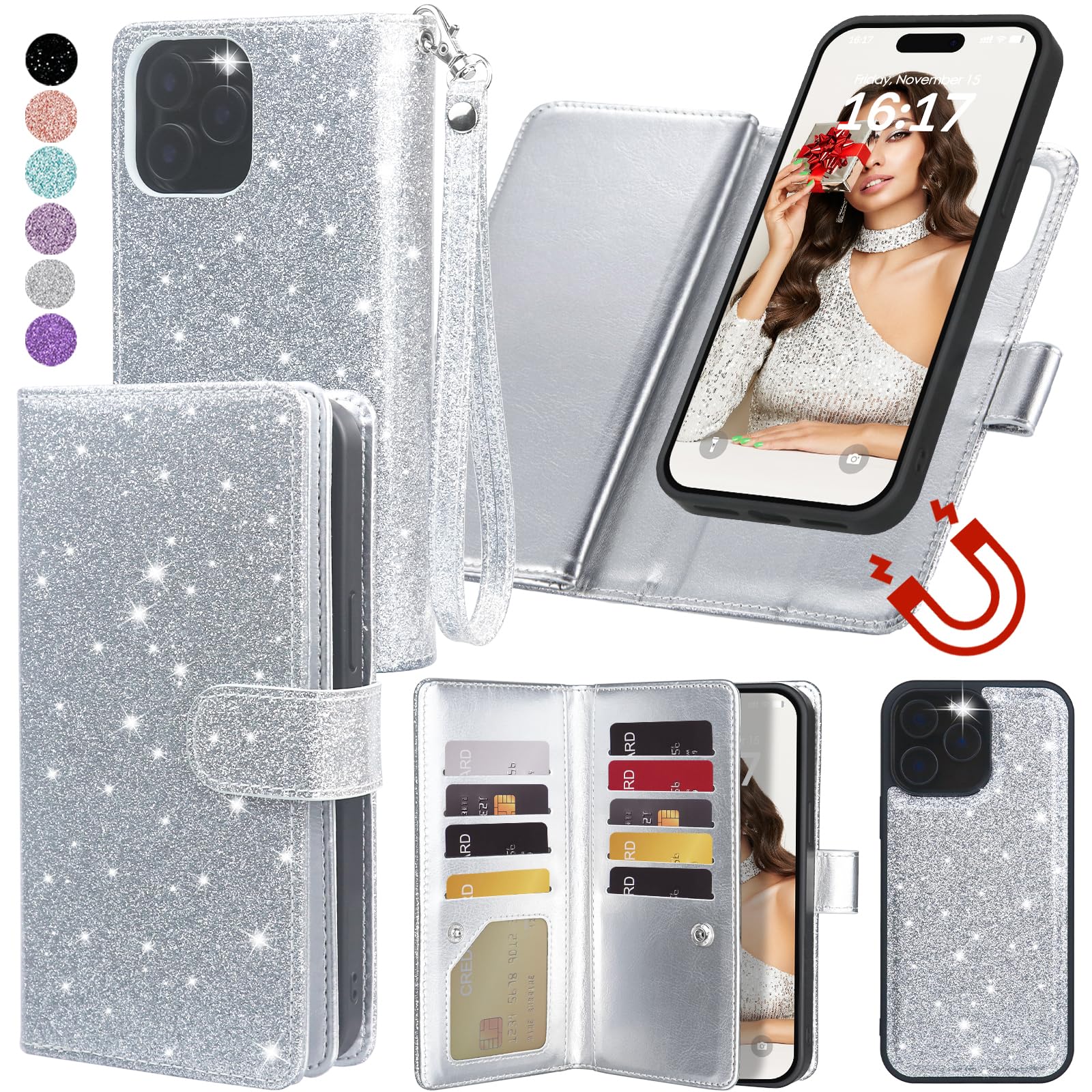 Varikke For Iphone 14 Pro Case Wallet, Iphone 14 Pro Wallet Case For Women With Card Holder & Powerful Magnetic Detachable Case