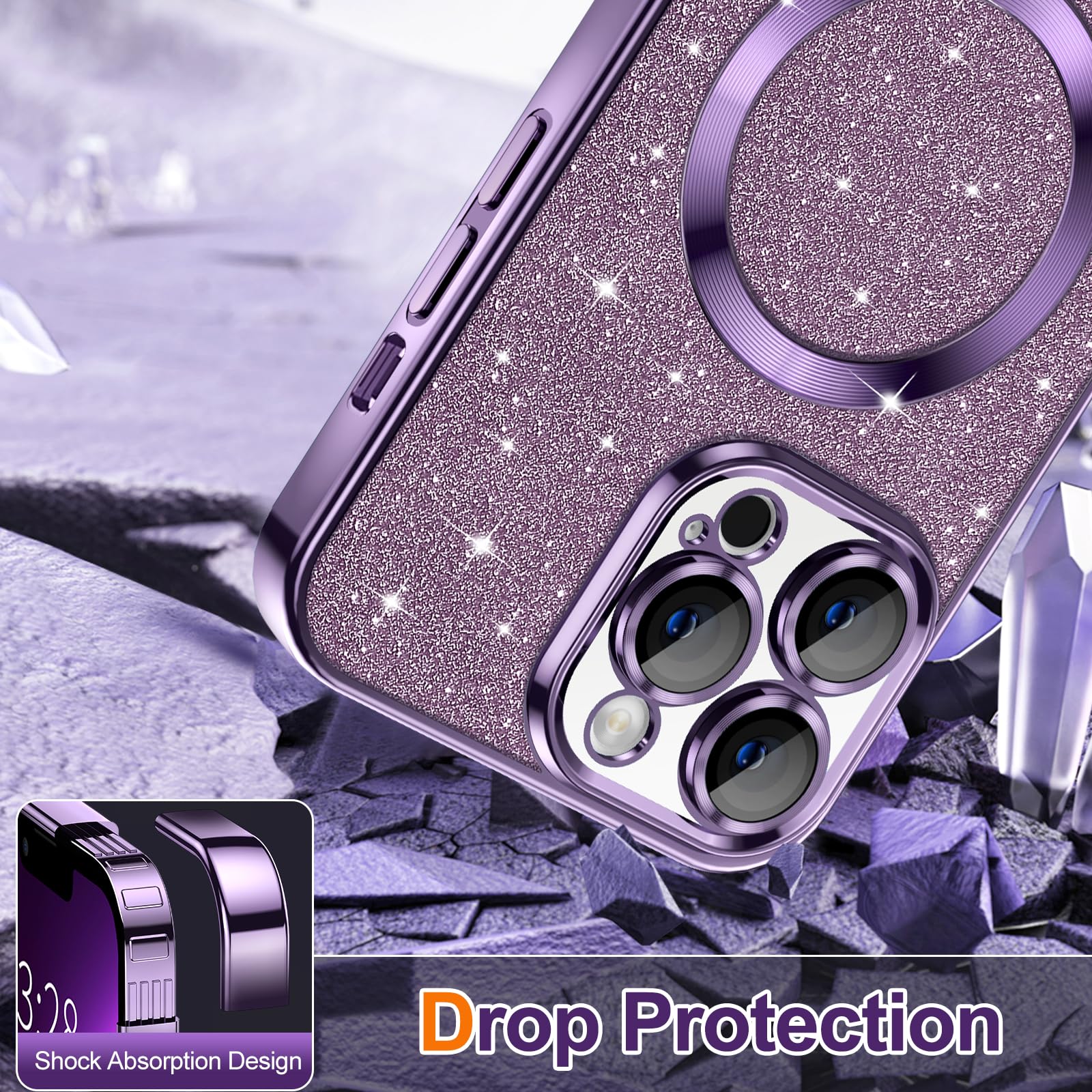 Hython For Iphone 13 Pro Case Glitter, Clear Magnetic Phone Cases With Camera Lens Protector [Compatible With Magsafe] Bling Spa